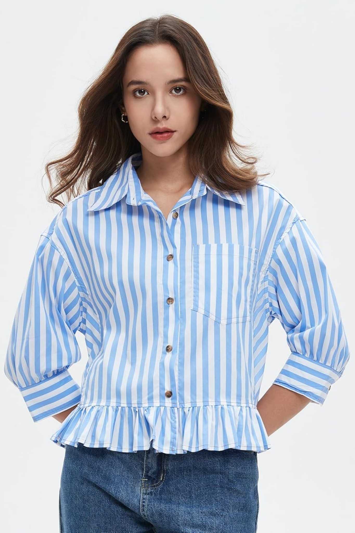 Ezapine Effortless Striped Peplum Button-Down Blouse | 3/4 Sleeve Ruffled Hem Top