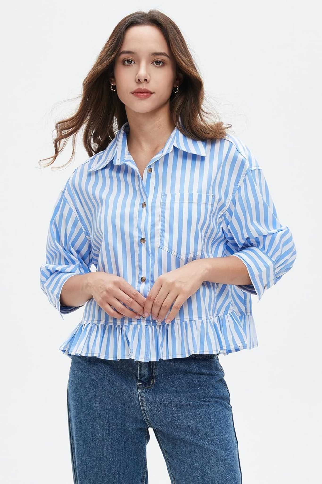Ezapine Effortless Striped Peplum Button-Down Blouse | 3/4 Sleeve Ruffled Hem Top