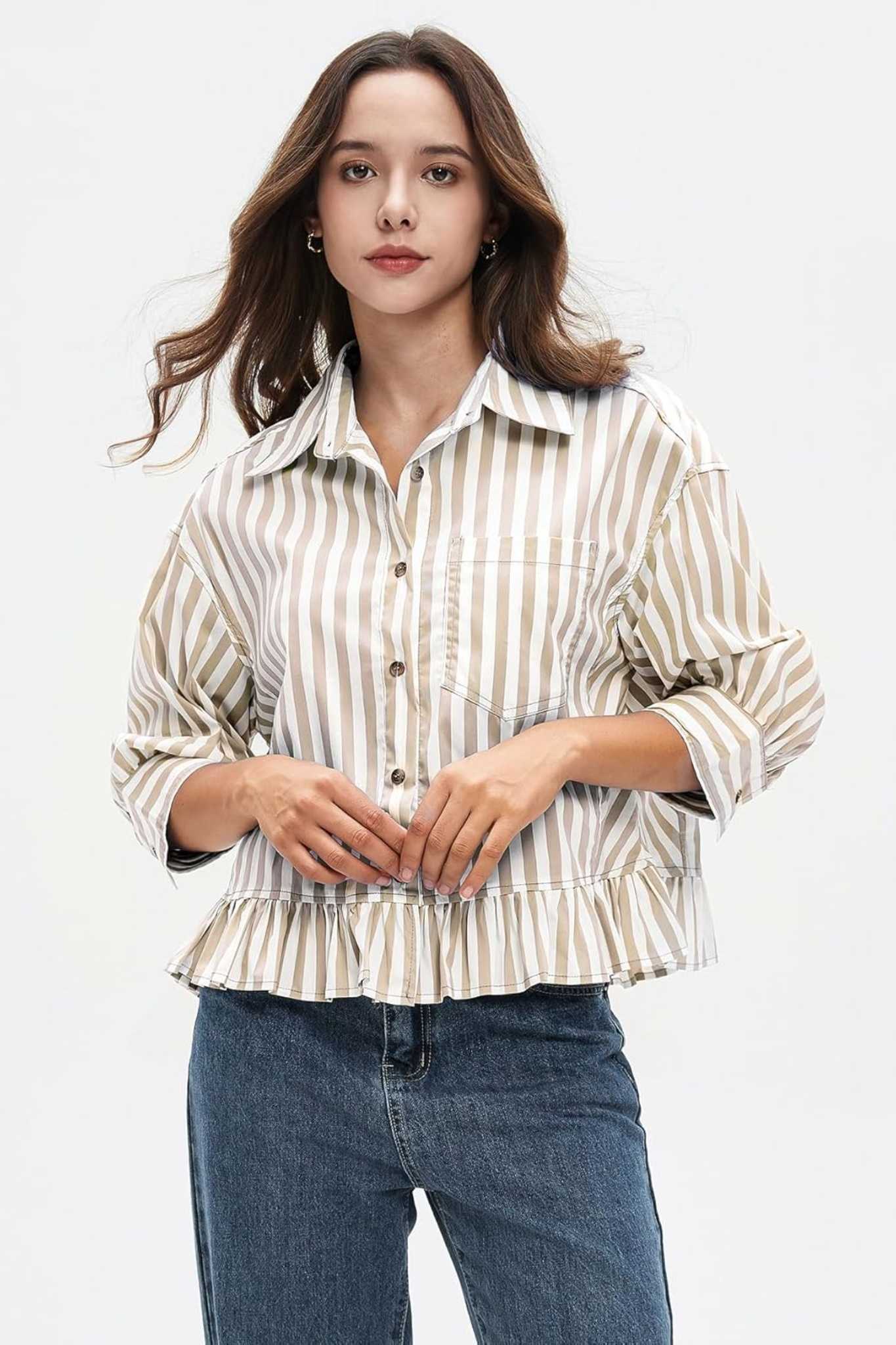 Ezapine Effortless Striped Peplum Button-Down Blouse | 3/4 Sleeve Ruffled Hem Top