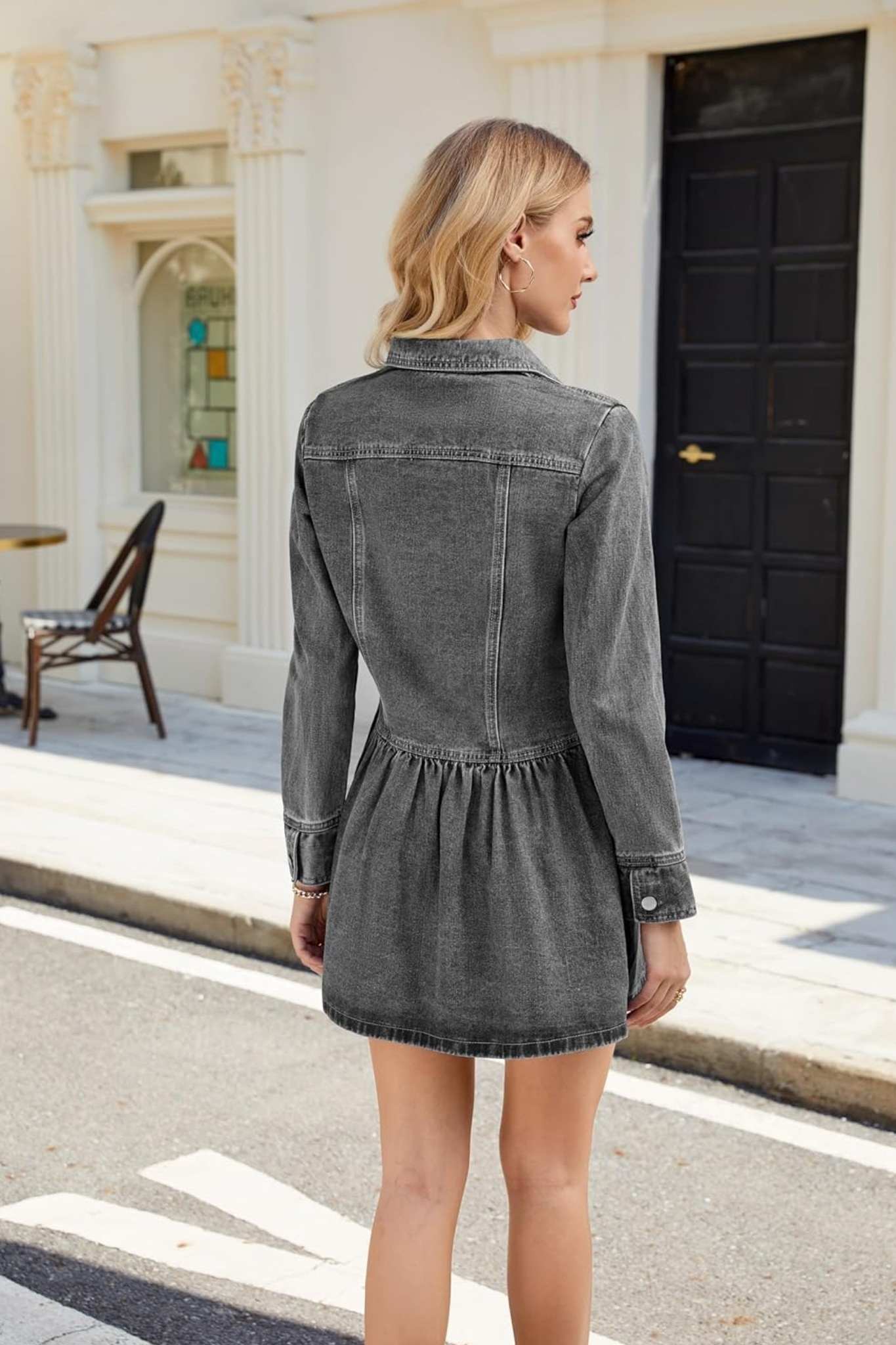 Ezapine Vintage Wash Grey Denim Button Down Peplum Mini Dress