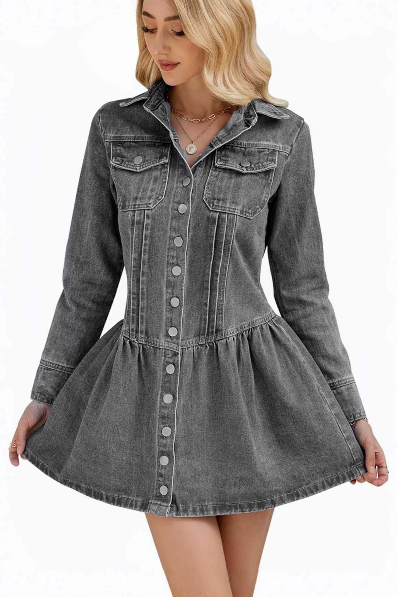Ezapine Vintage Wash Grey Denim Button Down Peplum Mini Dress