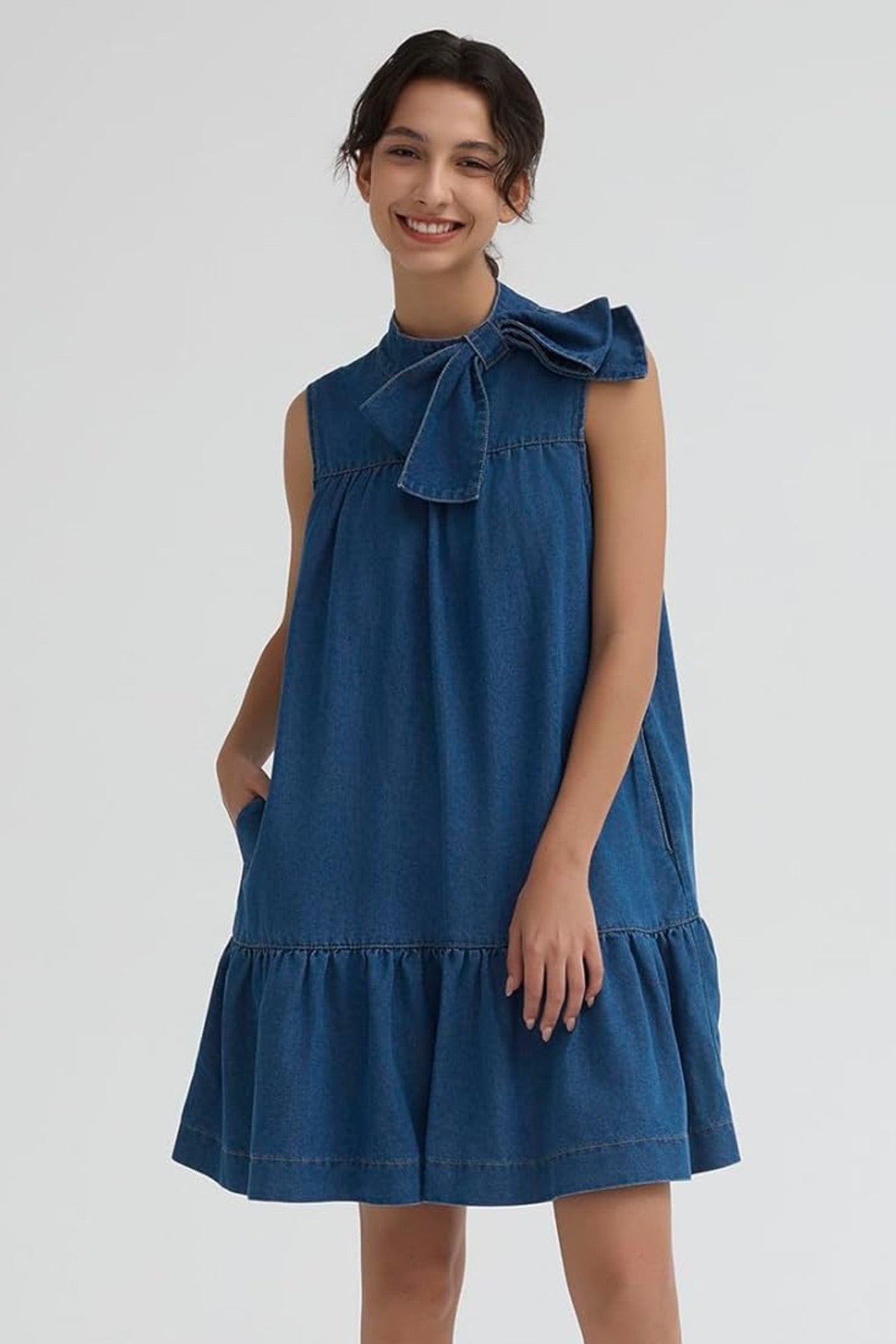 Ezapine Sleeveless Denim Shift Dress With Bow Tie And Ruffle Hem