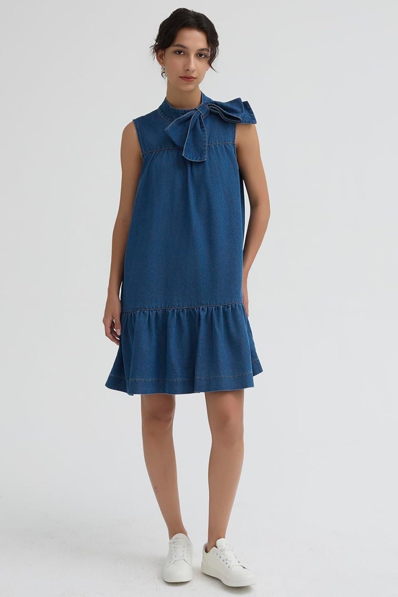 Ezapine Sleeveless Denim Shift Dress With Bow Tie And Ruffle Hem
