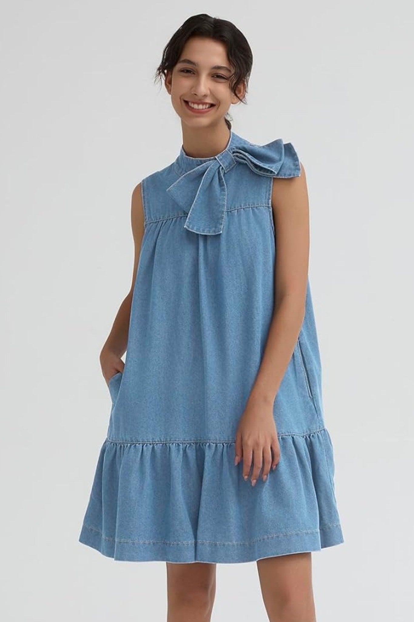 Ezapine Sleeveless Denim Shift Dress With Bow Tie And Ruffle Hem