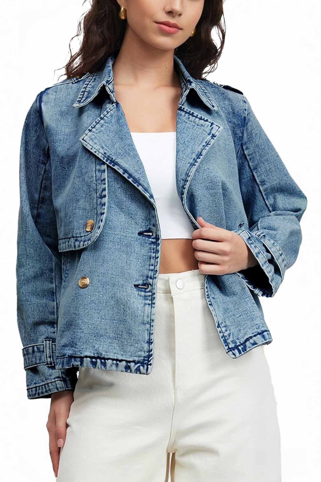 Ezapine Vintage Chic Double Breasted Lapel Denim Jacket For Women
