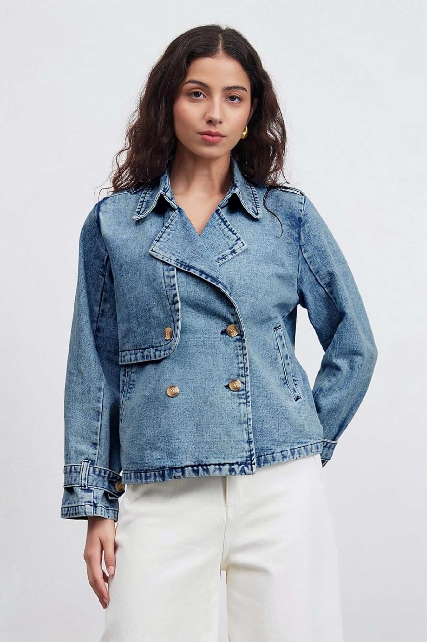 Ezapine Vintage Chic Double Breasted Lapel Denim Jacket For Women