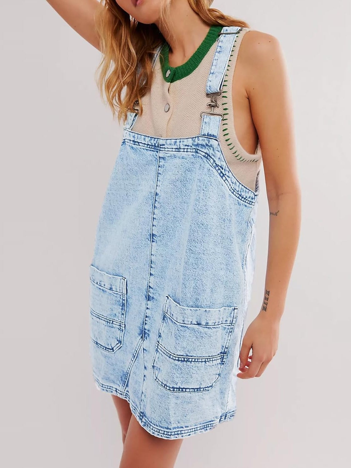 Kedera Adjustable Strap Denim Overall Mini Dress With Pockets