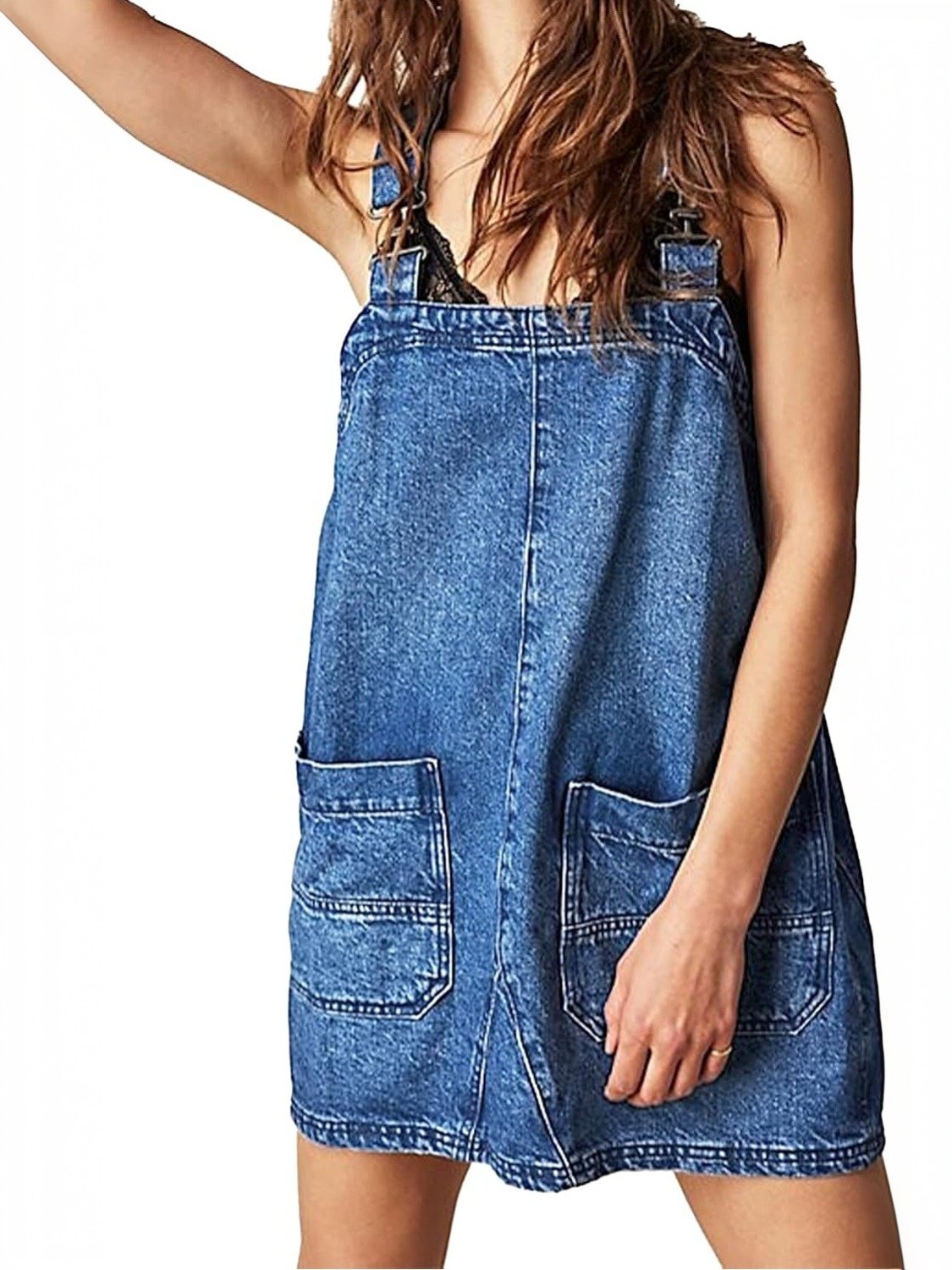 Kedera Adjustable Strap Denim Overall Mini Dress With Pockets