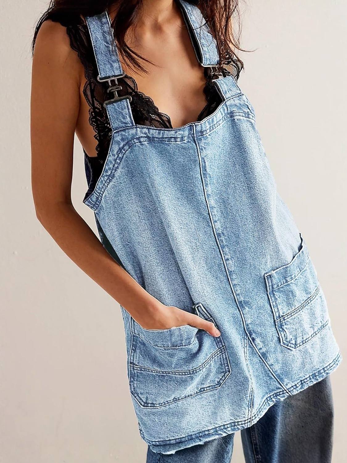 Kedera Adjustable Strap Denim Overall Mini Dress With Pockets