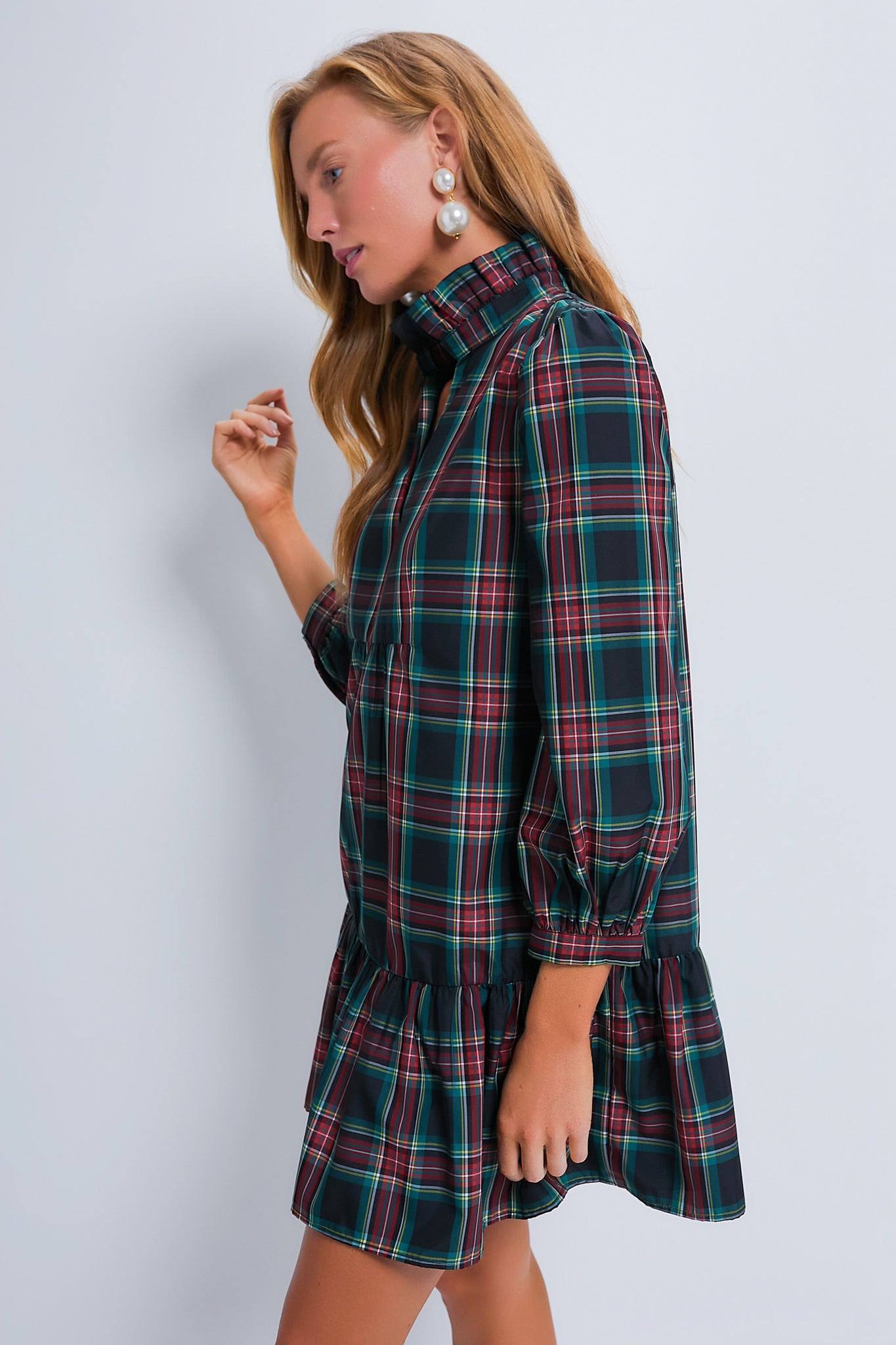 Tartan Long Sleeve Tunic Flare Dress With Ruffle Hem