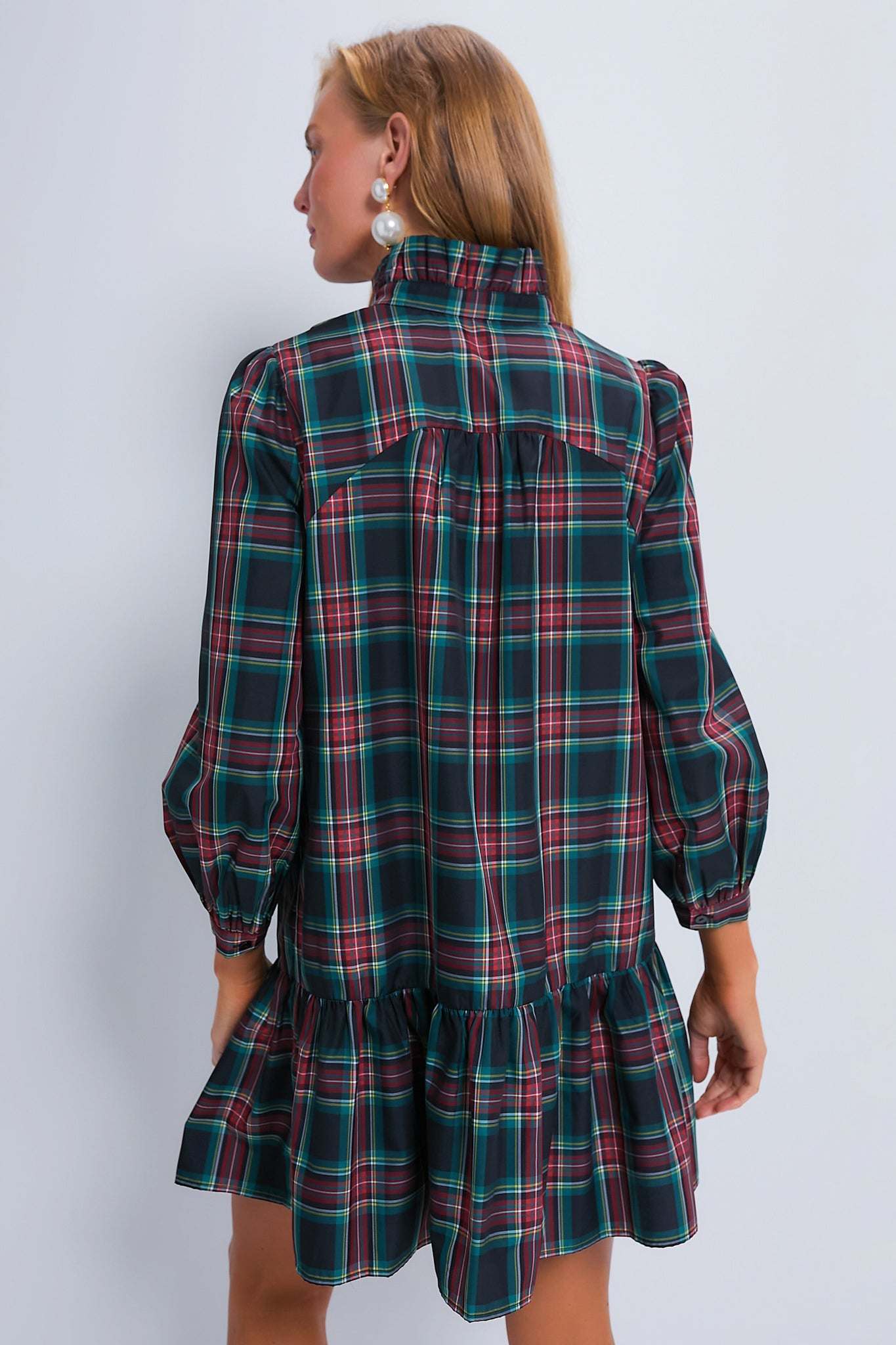 Tartan Long Sleeve Tunic Flare Dress With Ruffle Hem