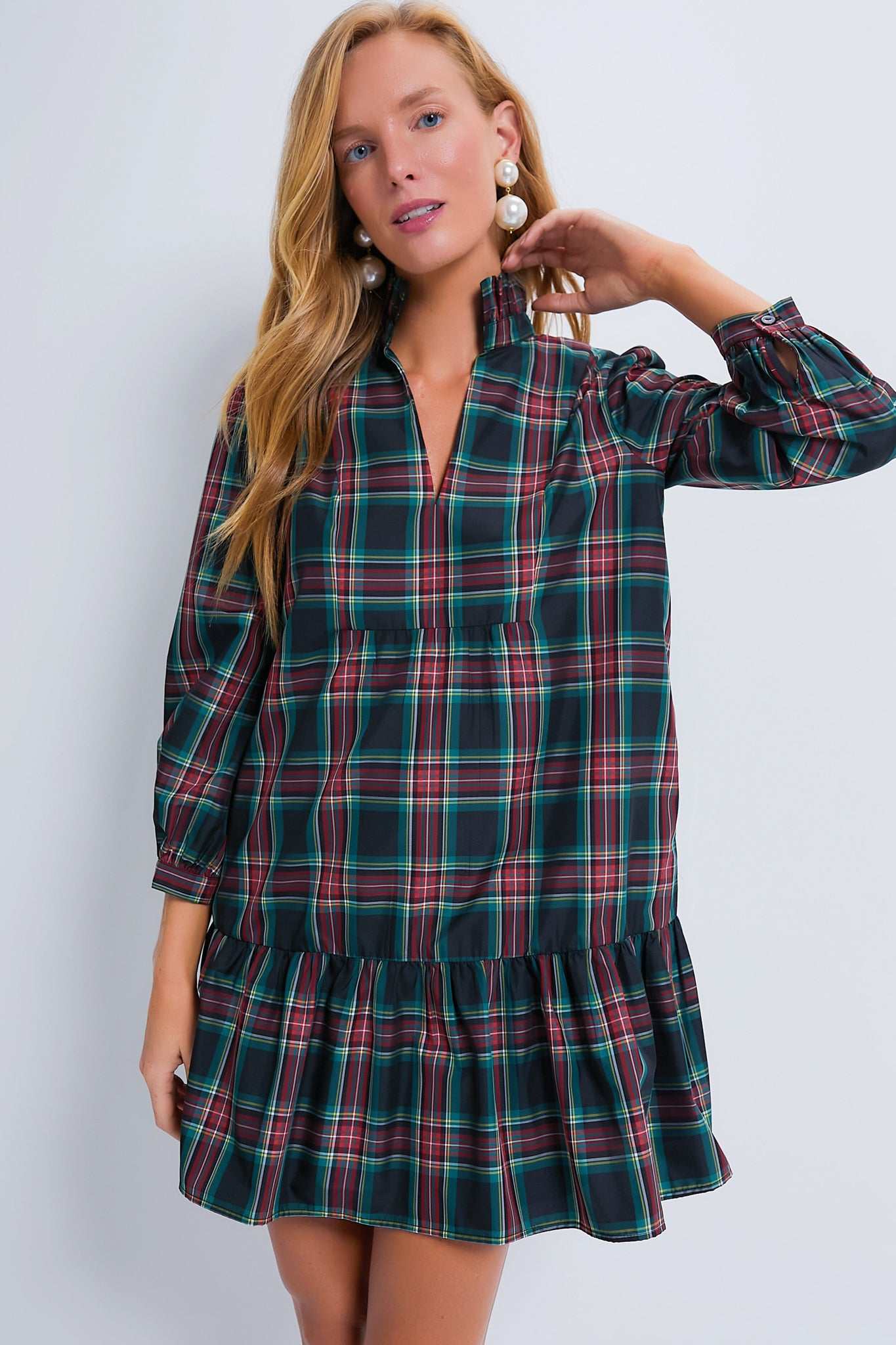 Tartan Long Sleeve Tunic Flare Dress With Ruffle Hem