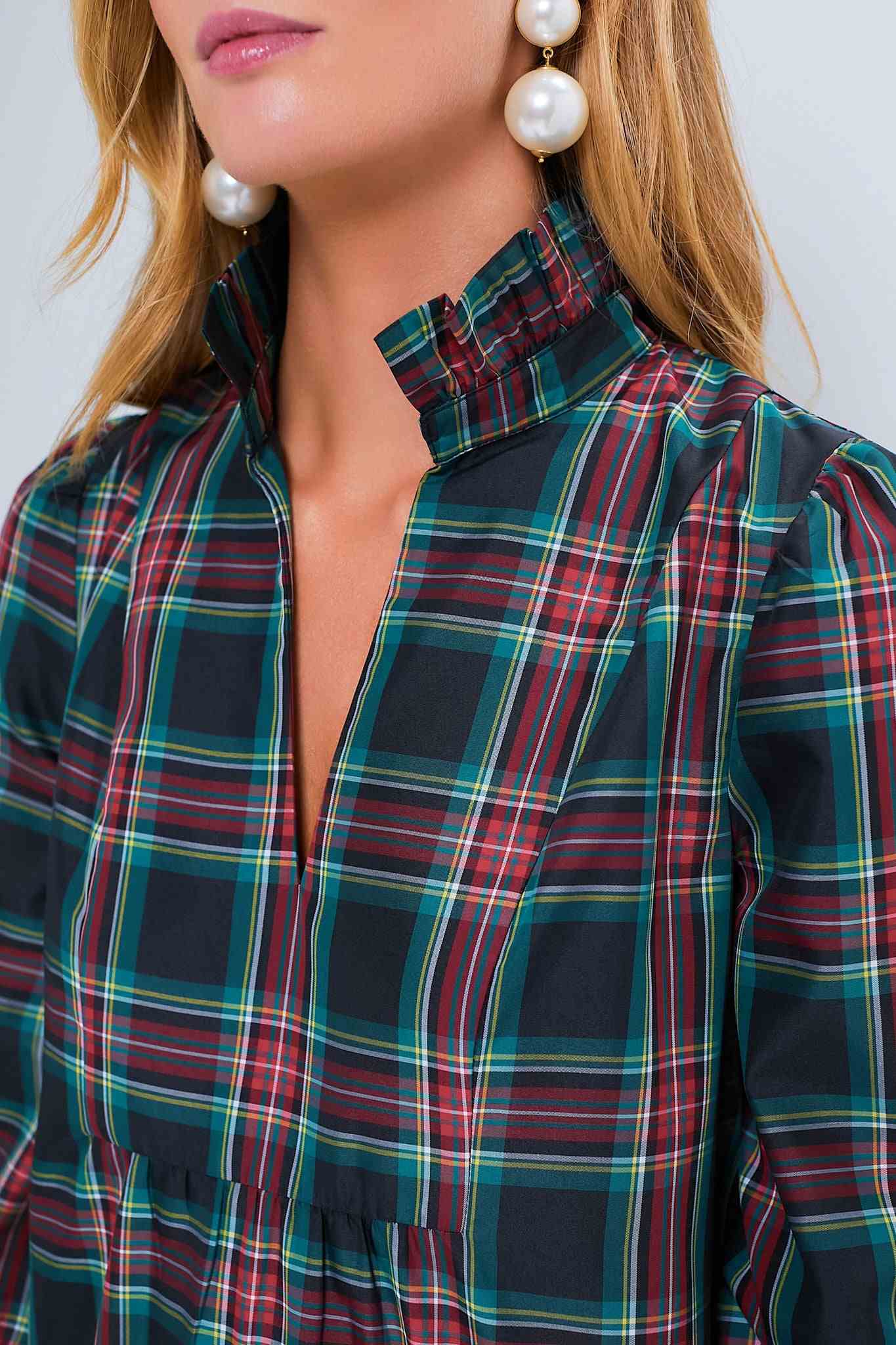 Tartan Long Sleeve Tunic Flare Dress With Ruffle Hem