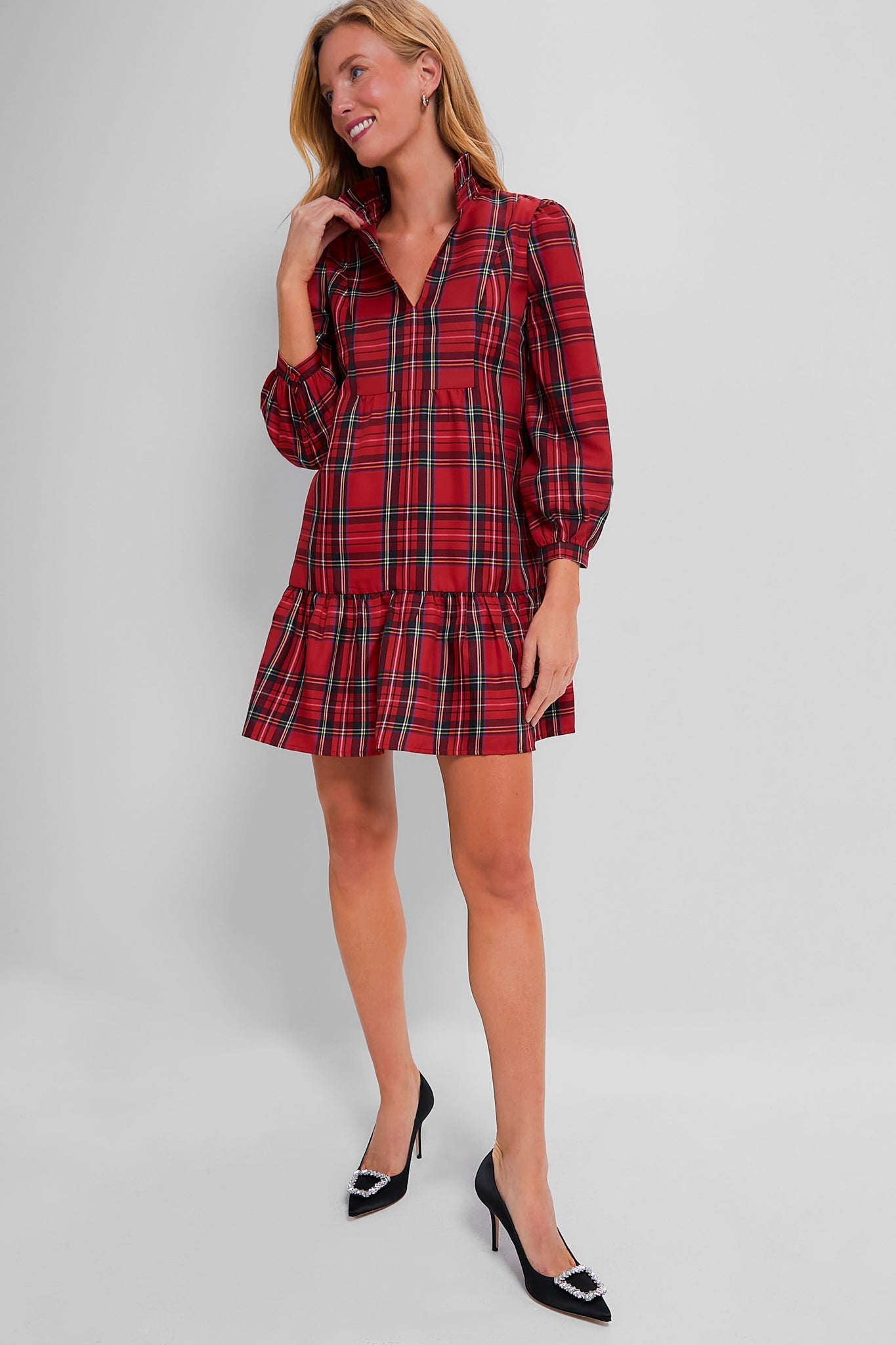 Tartan Long Sleeve Tunic Flare Dress With Ruffle Hem