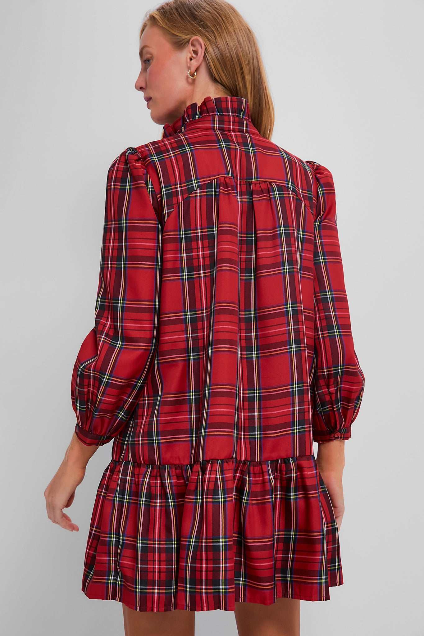 Tartan Long Sleeve Tunic Flare Dress With Ruffle Hem