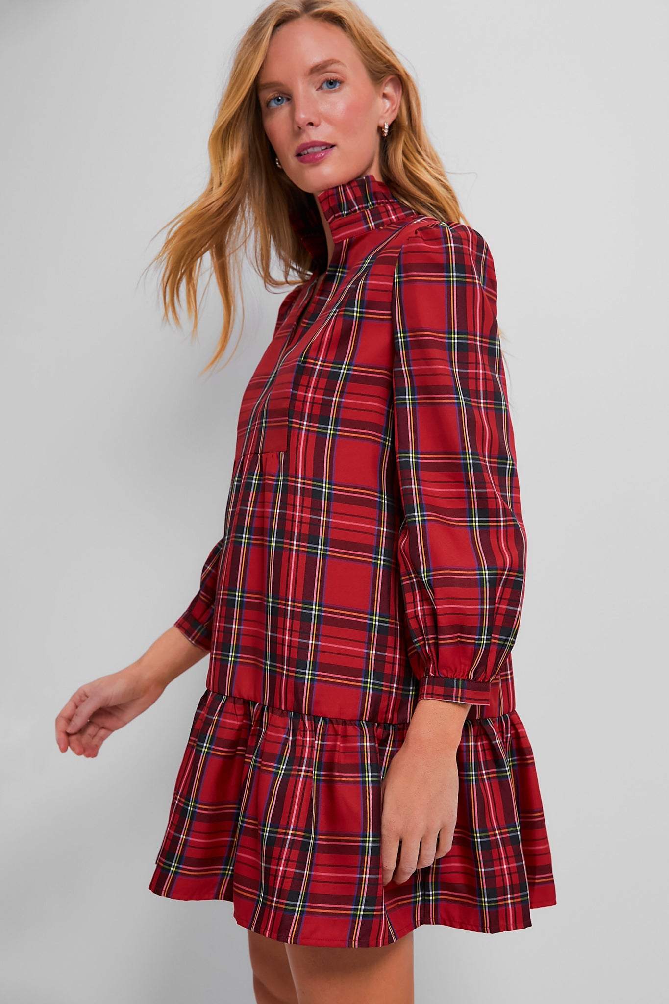 Tartan Long Sleeve Tunic Flare Dress With Ruffle Hem