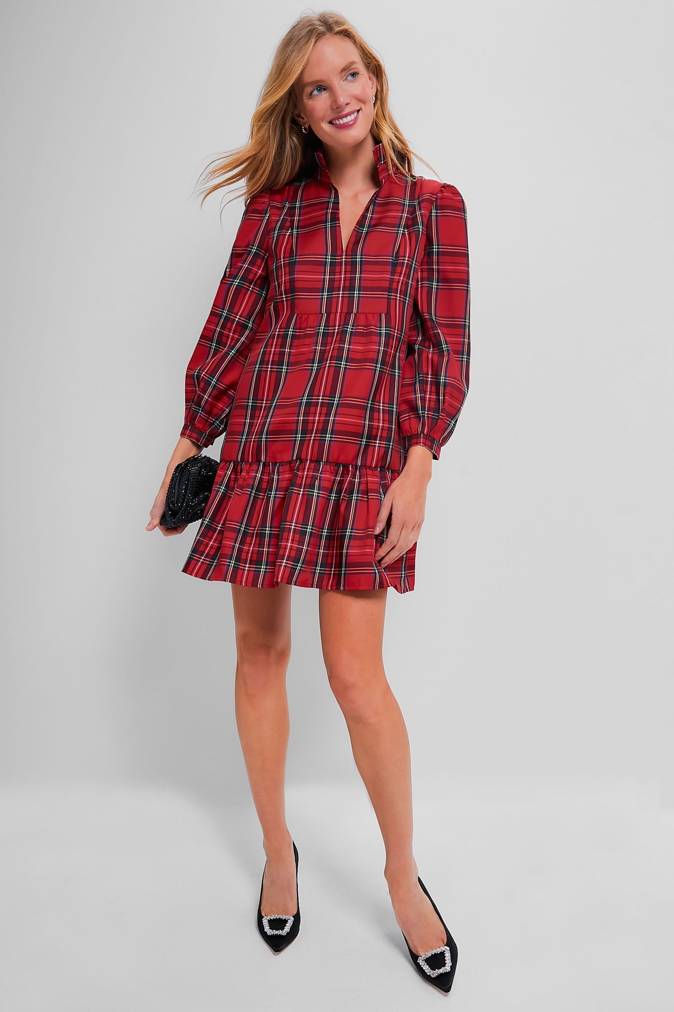 Tartan Long Sleeve Tunic Flare Dress With Ruffle Hem