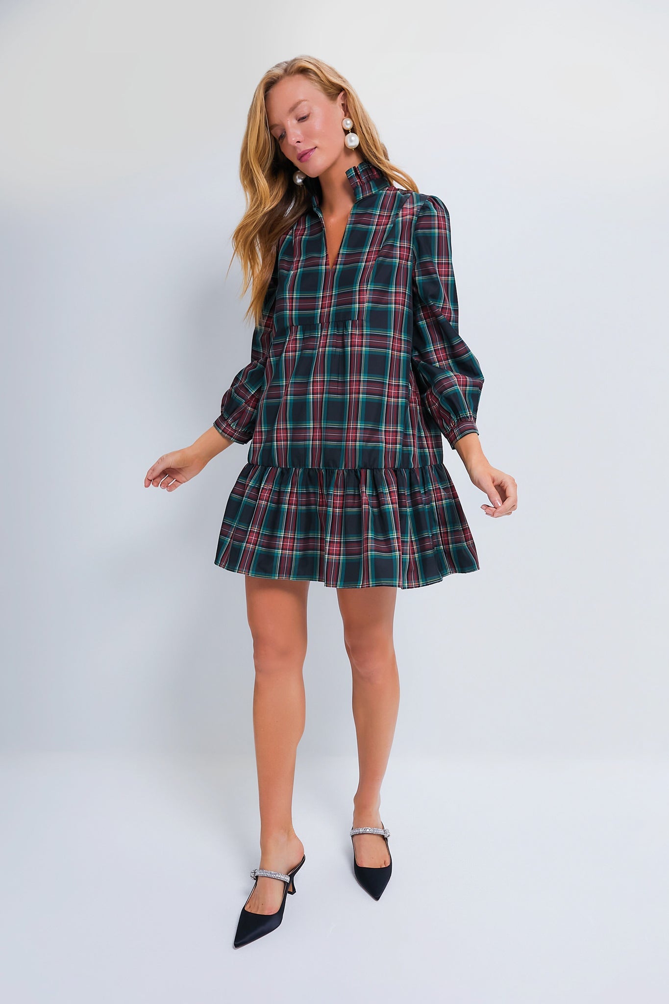 Tartan Long Sleeve Tunic Flare Dress With Ruffle Hem