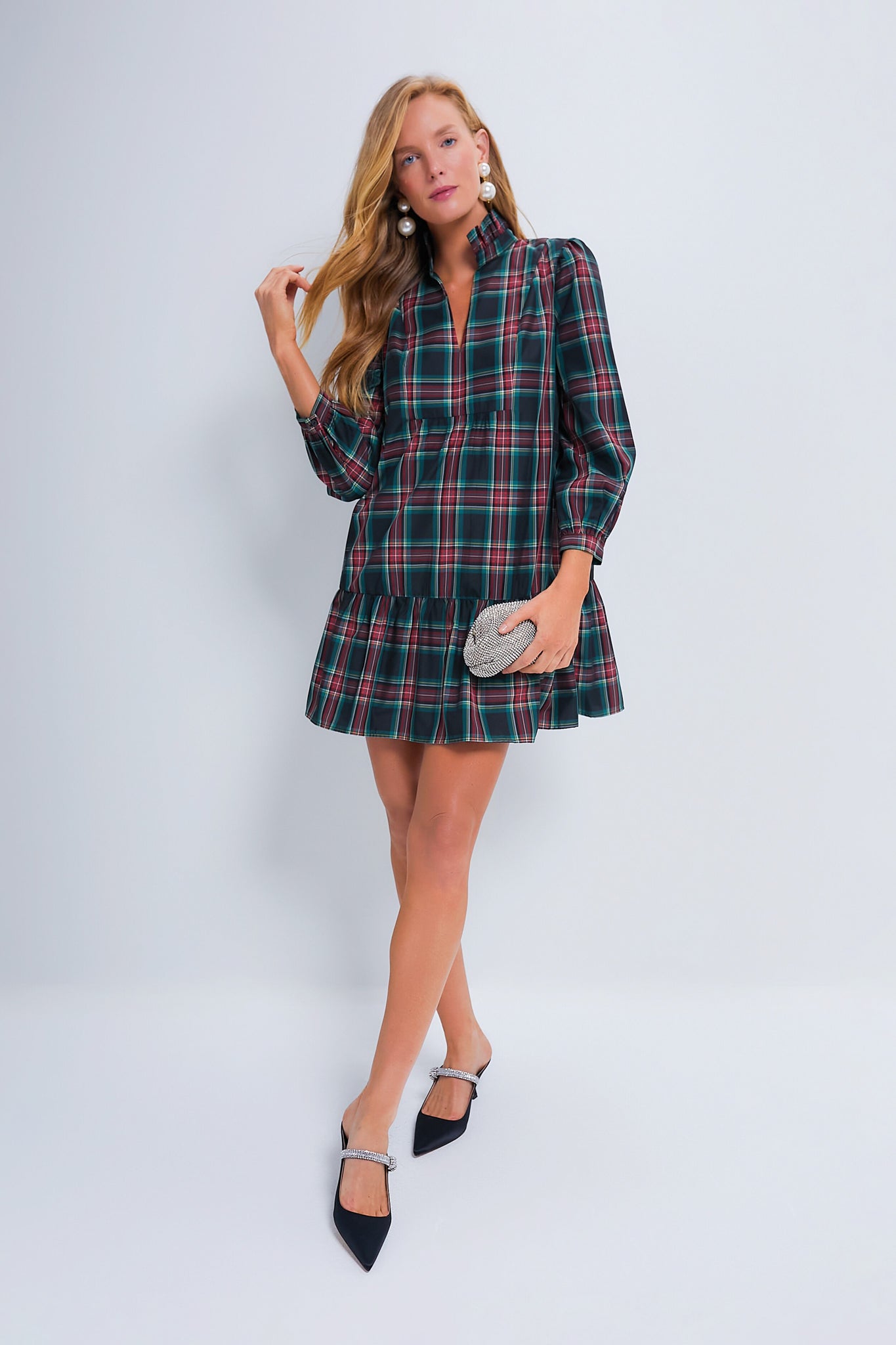 Tartan Long Sleeve Tunic Flare Dress With Ruffle Hem