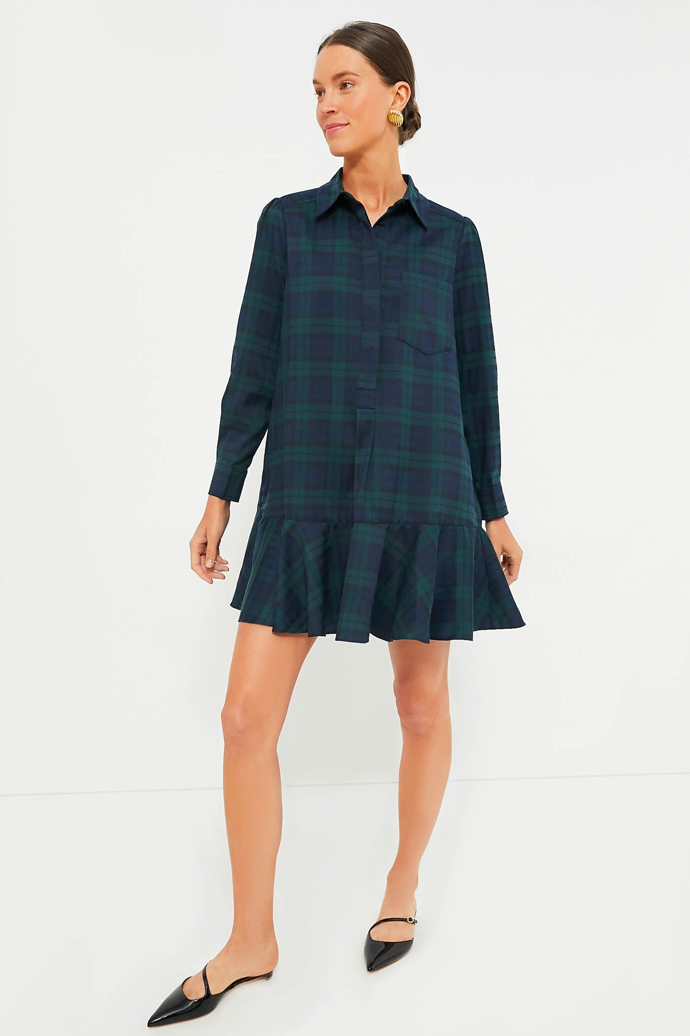 New Green Plaid Long Sleeve Ruffle Midi Dress