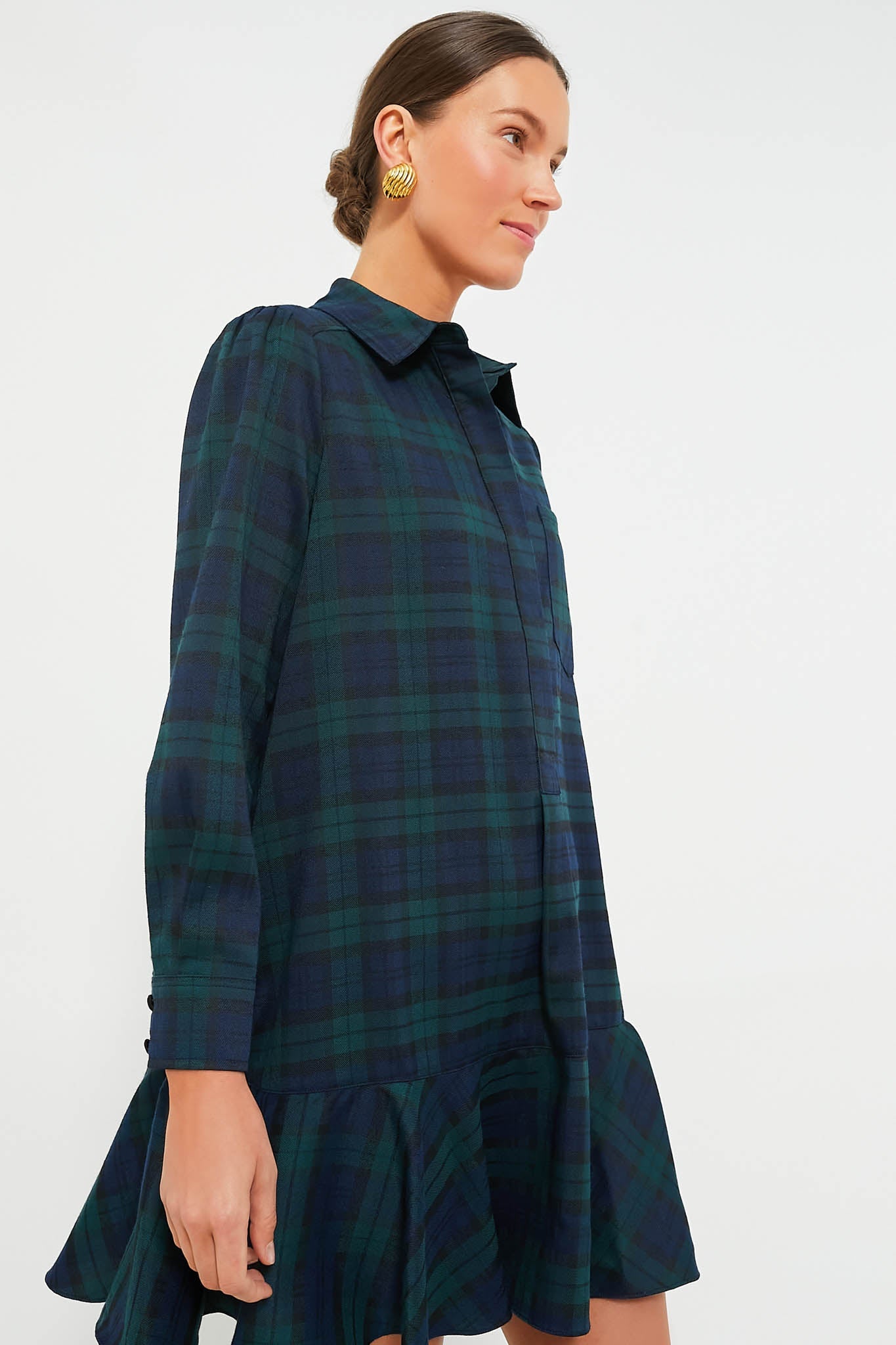 New Green Plaid Long Sleeve Ruffle Midi Dress