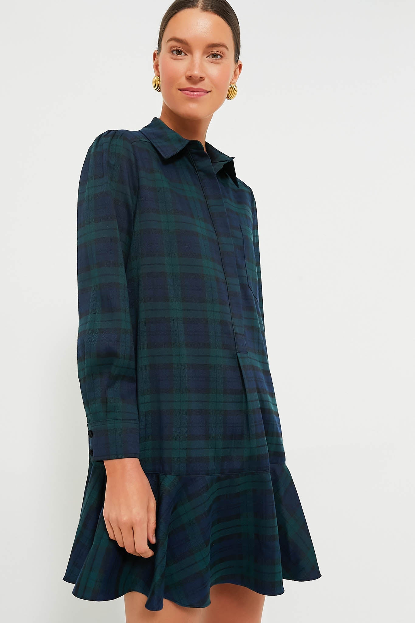 New Green Plaid Long Sleeve Ruffle Midi Dress