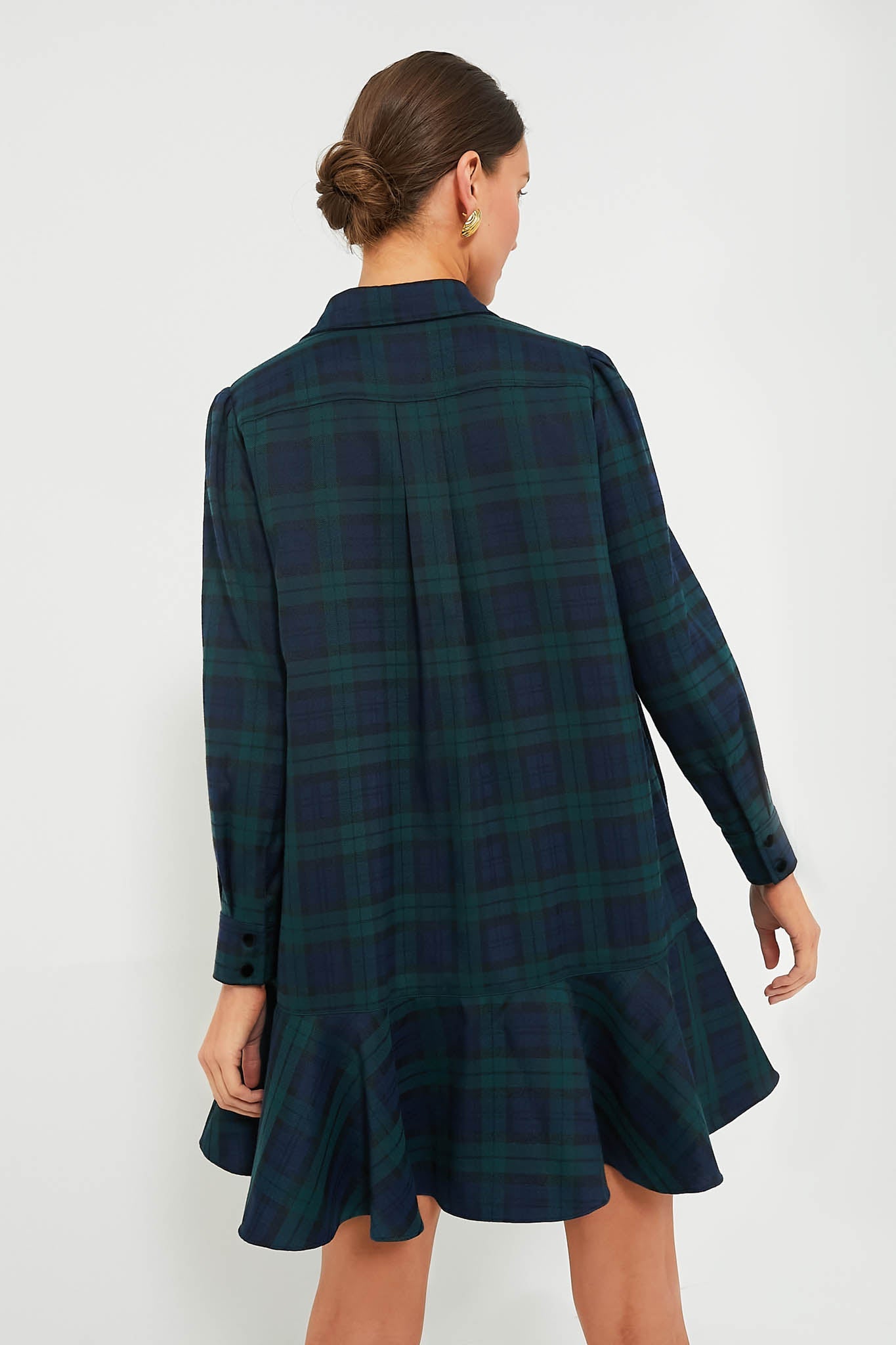 New Green Plaid Long Sleeve Ruffle Midi Dress