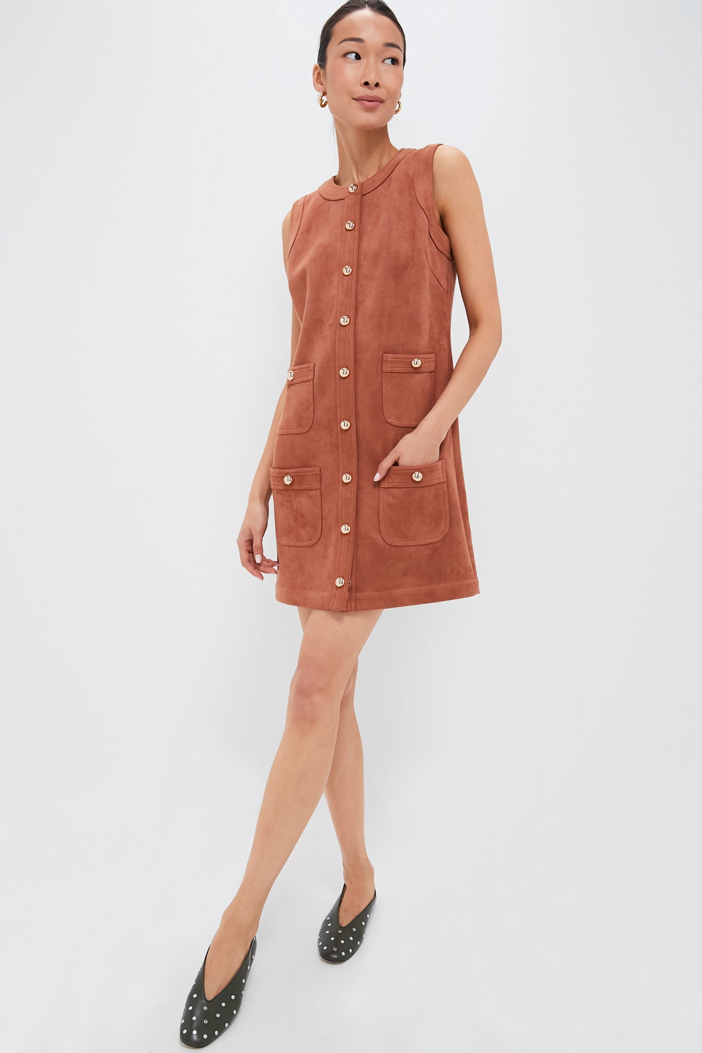 Vintage Sleeveless Cognac Suede Dress With Pockets