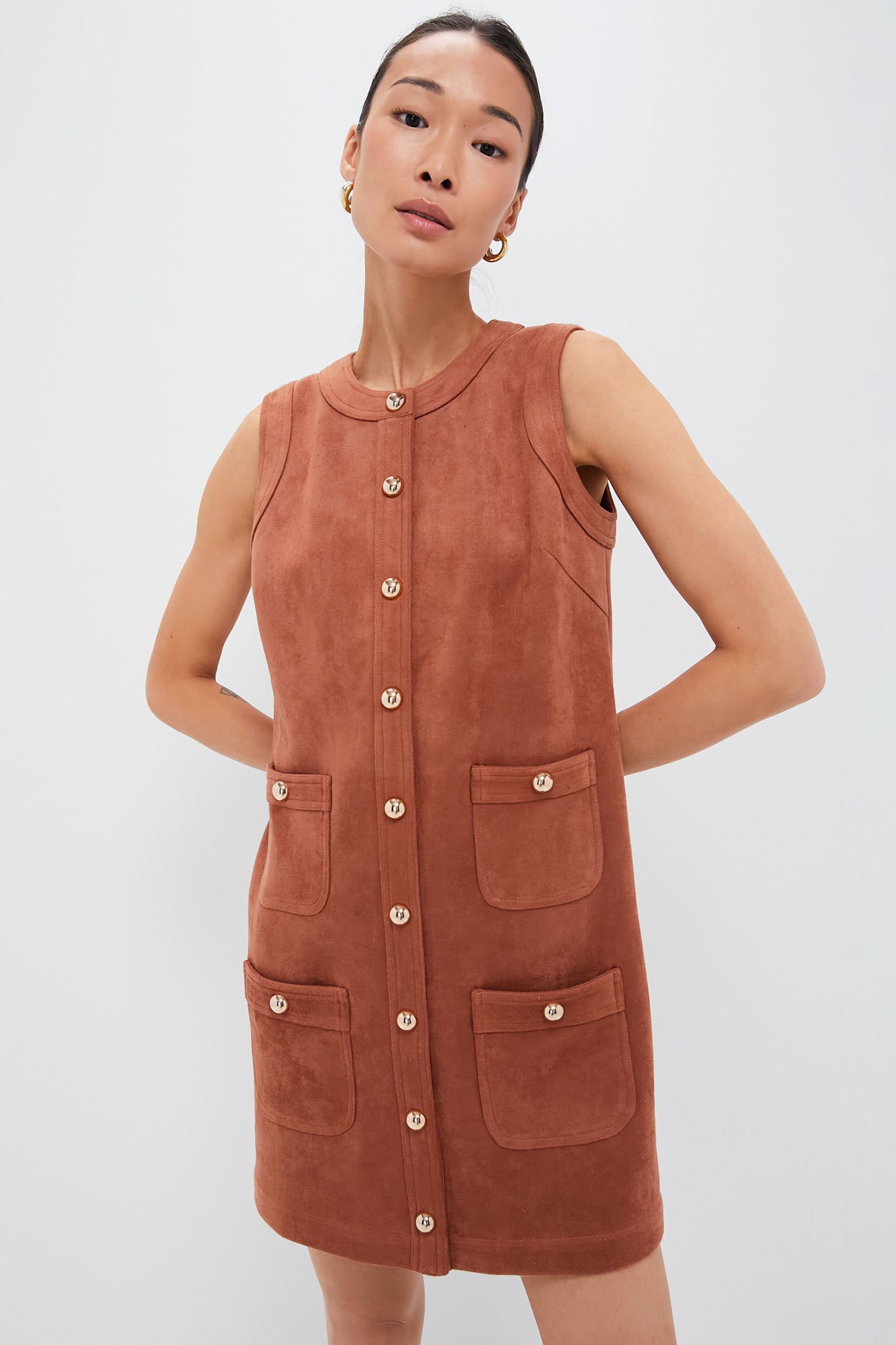 Vintage Sleeveless Cognac Suede Dress With Pockets