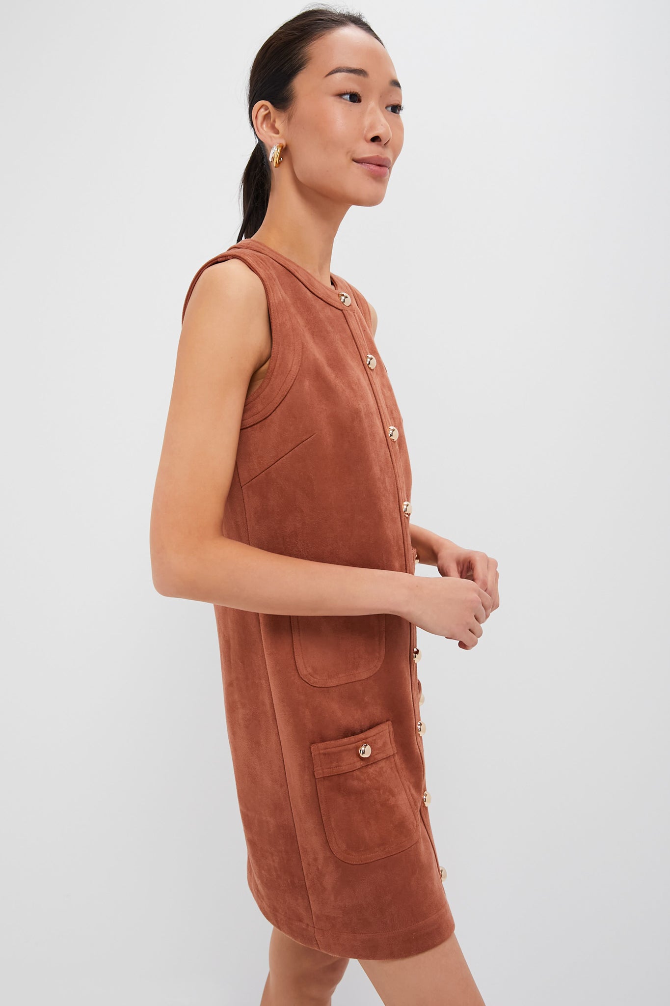 Vintage Sleeveless Cognac Suede Dress With Pockets