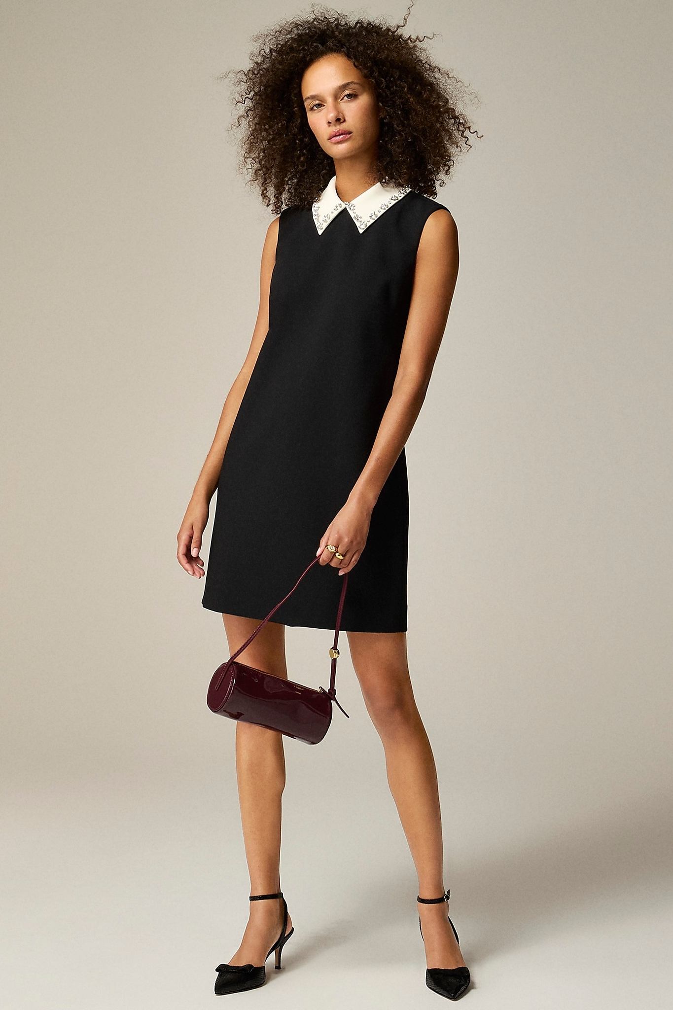 Embellished Collared Shift Dress In Stretch Crepe