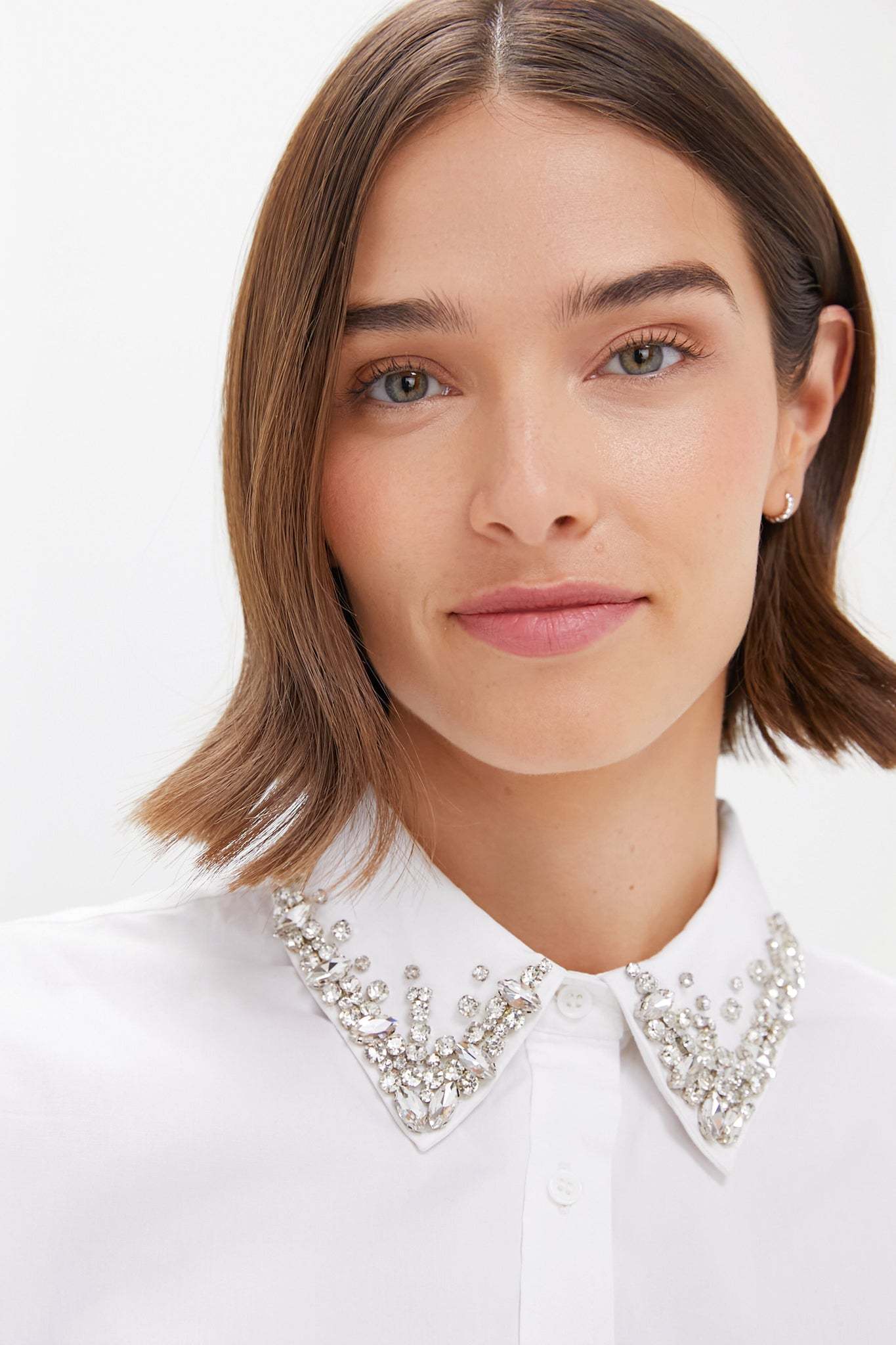 White Embellished Cropped Button Down Shirt