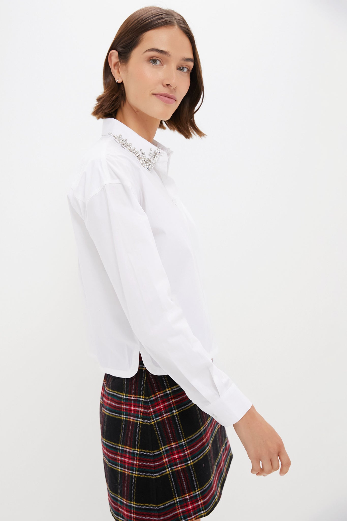 White Embellished Cropped Button Down Shirt