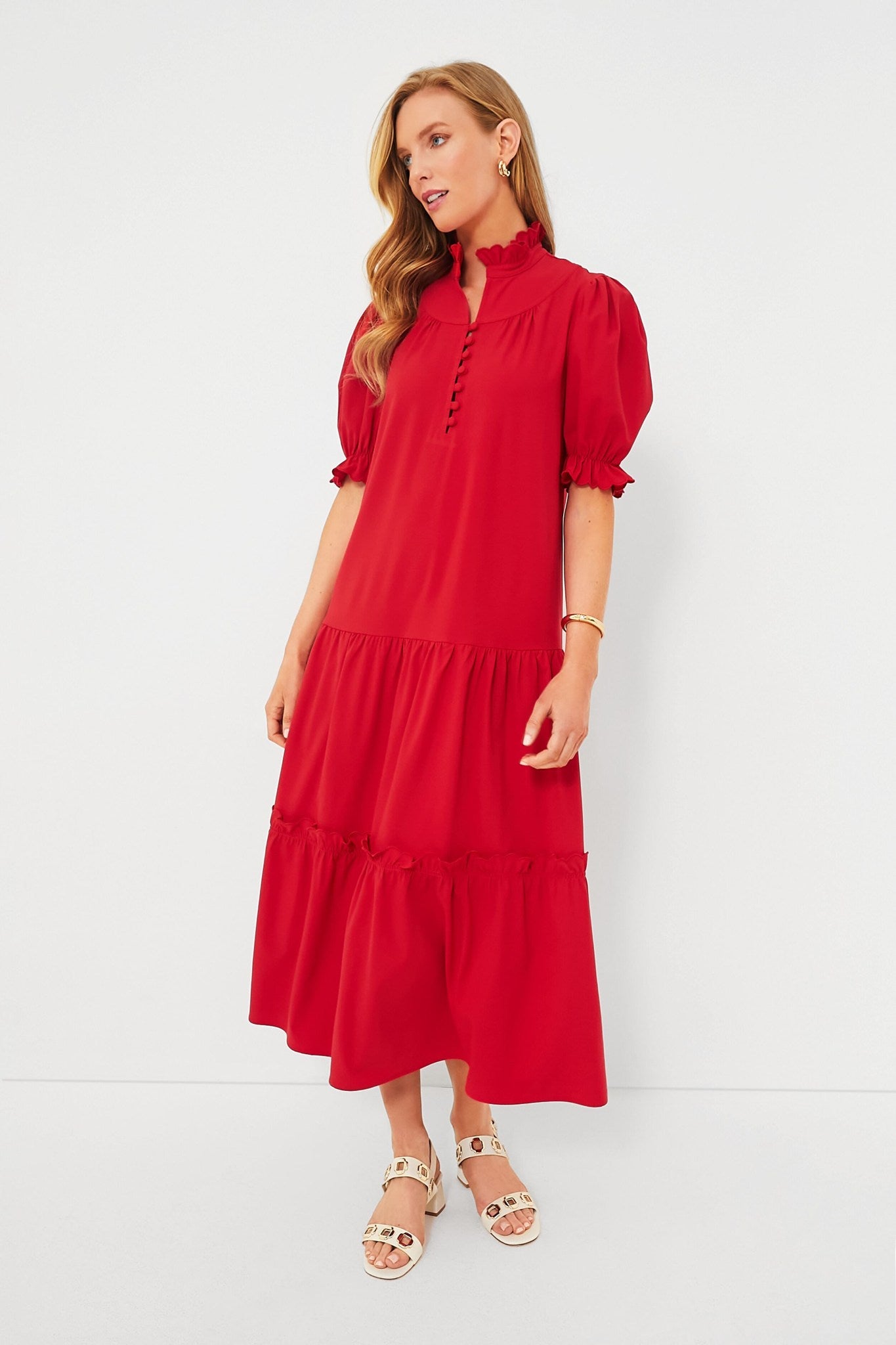 Red Ruffle Stand Collar Layered Maxi Dress