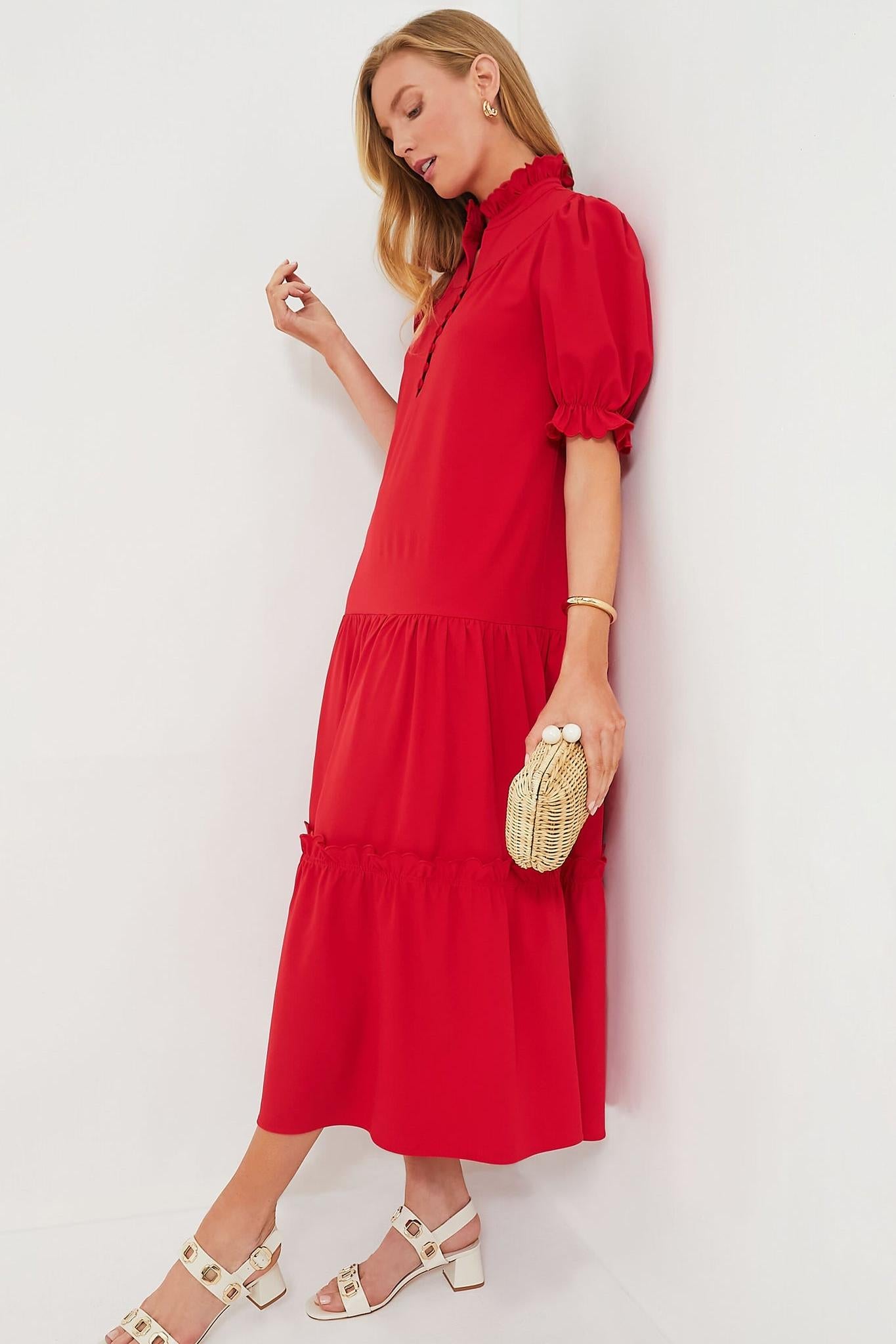 Red Ruffle Stand Collar Layered Maxi Dress