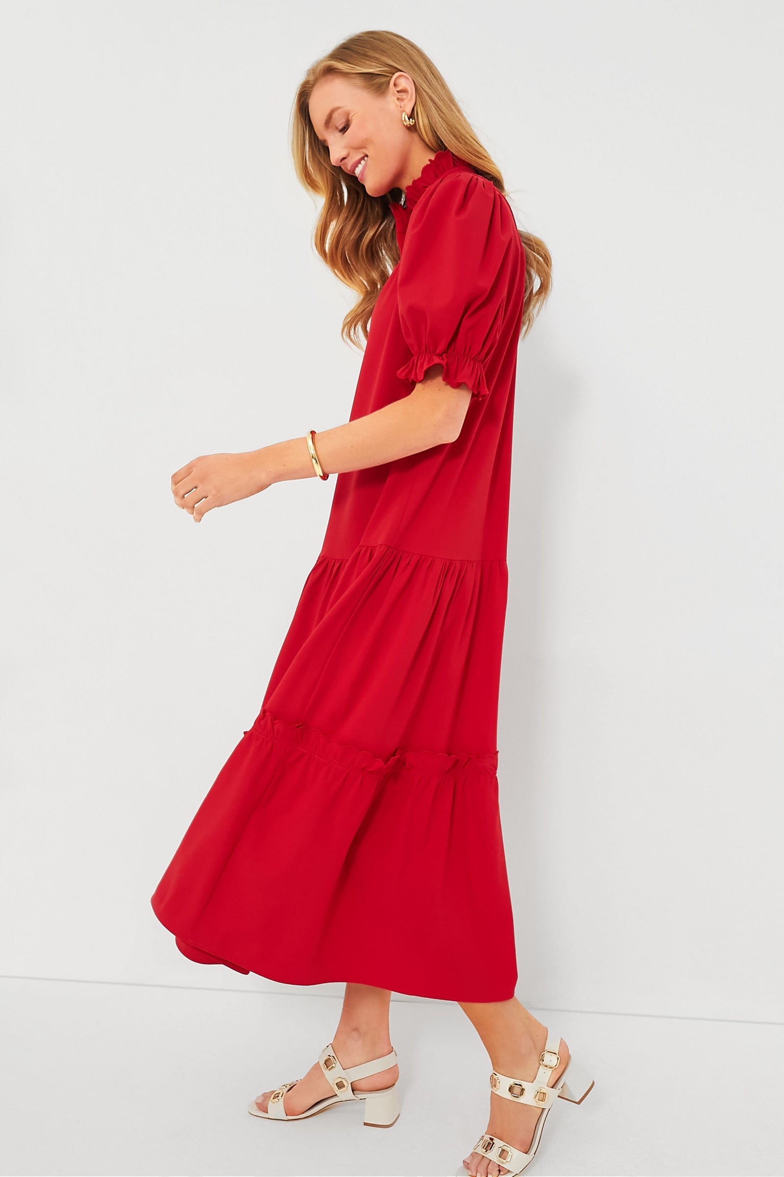 Red Ruffle Stand Collar Layered Maxi Dress