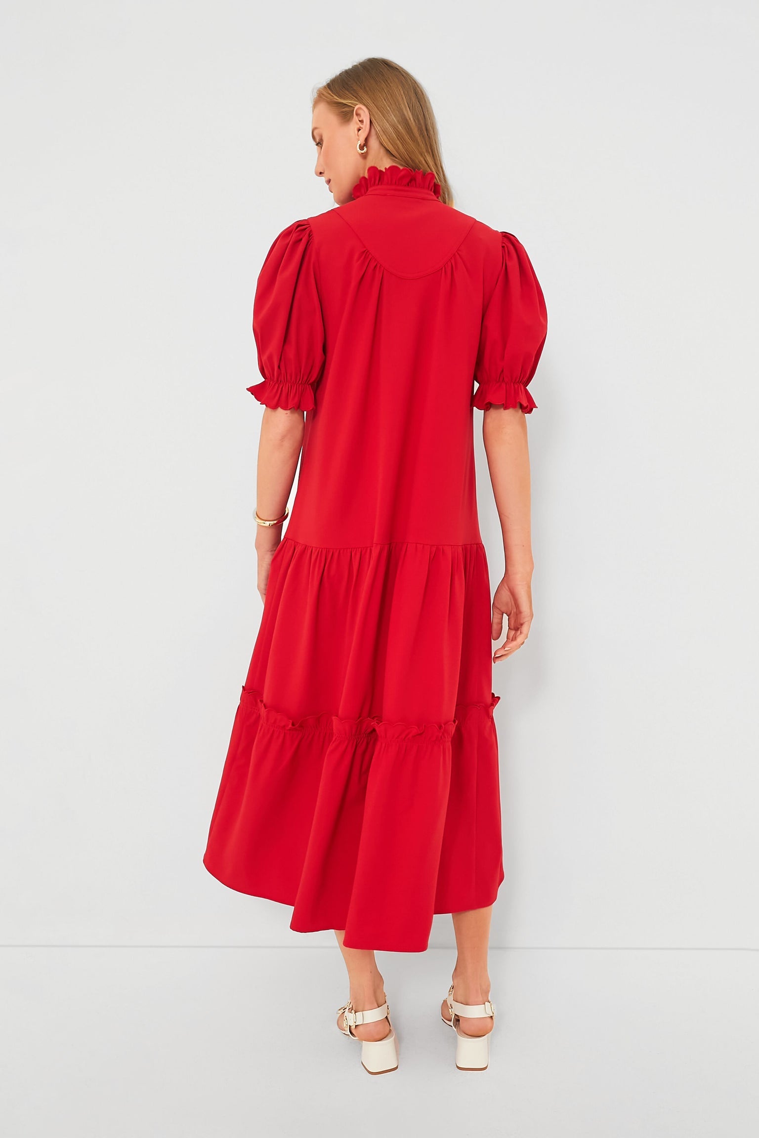 Red Ruffle Stand Collar Layered Maxi Dress