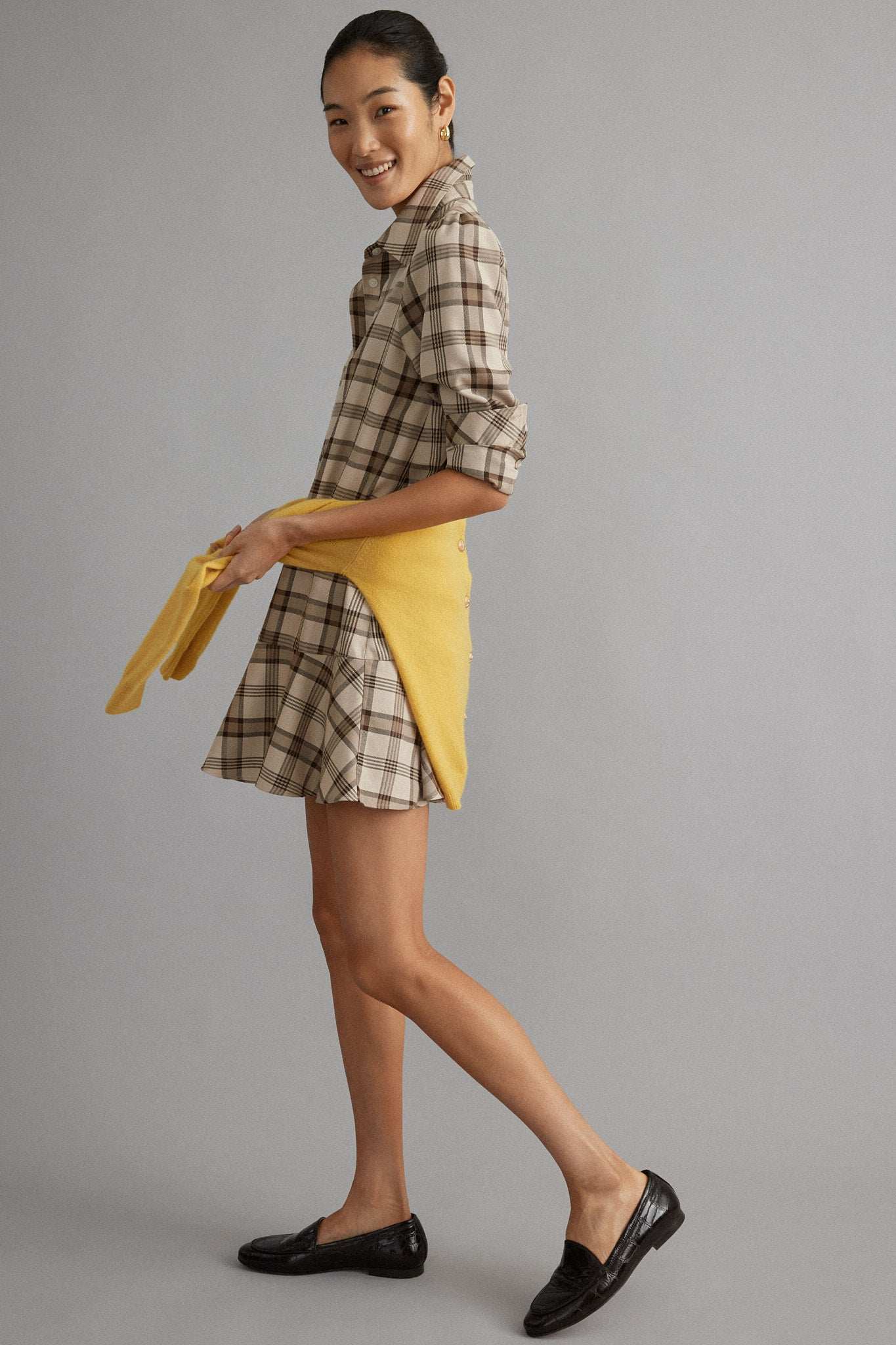 Brown Plaid Long Sleeve Shirt Dress