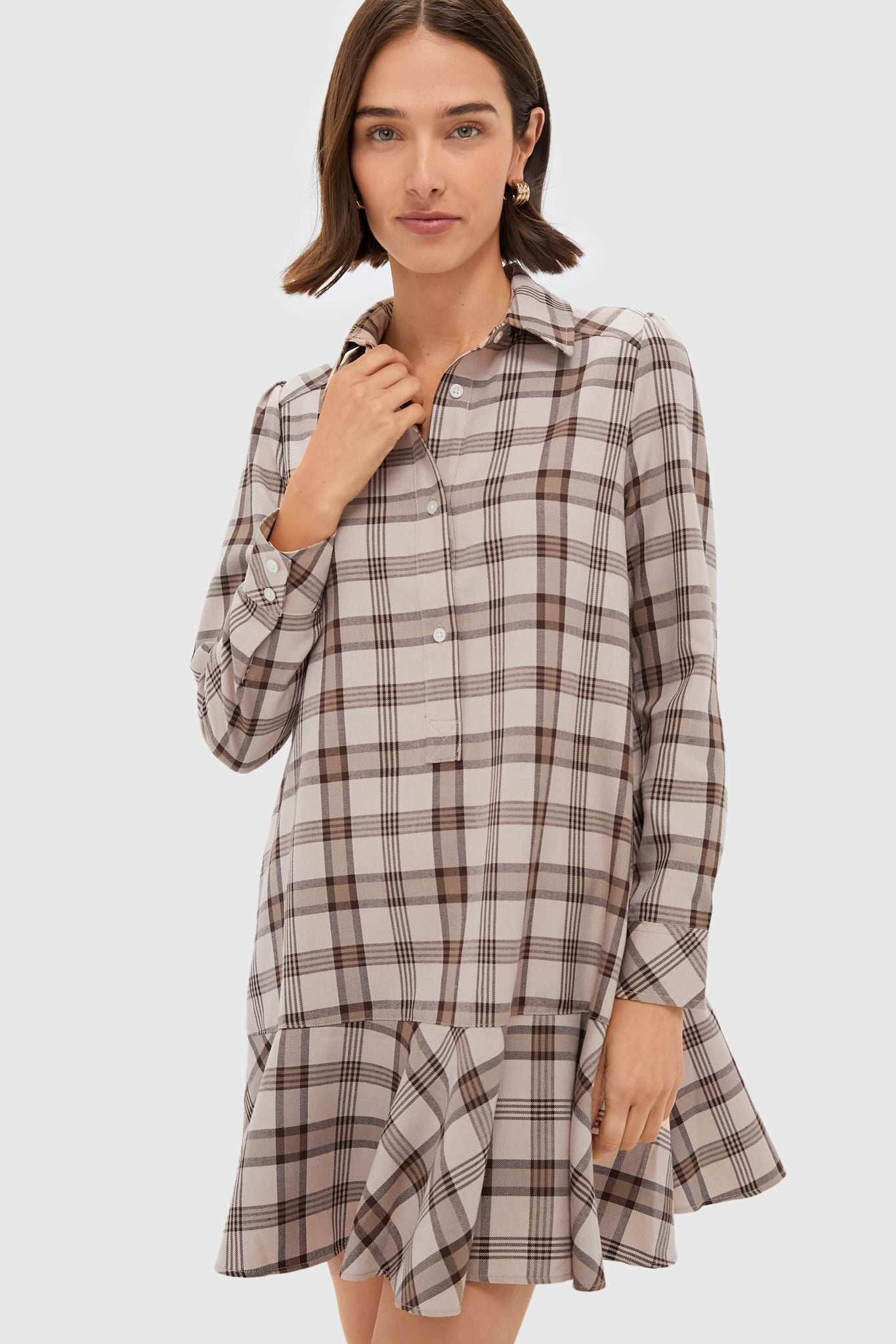 Brown Plaid Long Sleeve Shirt Dress