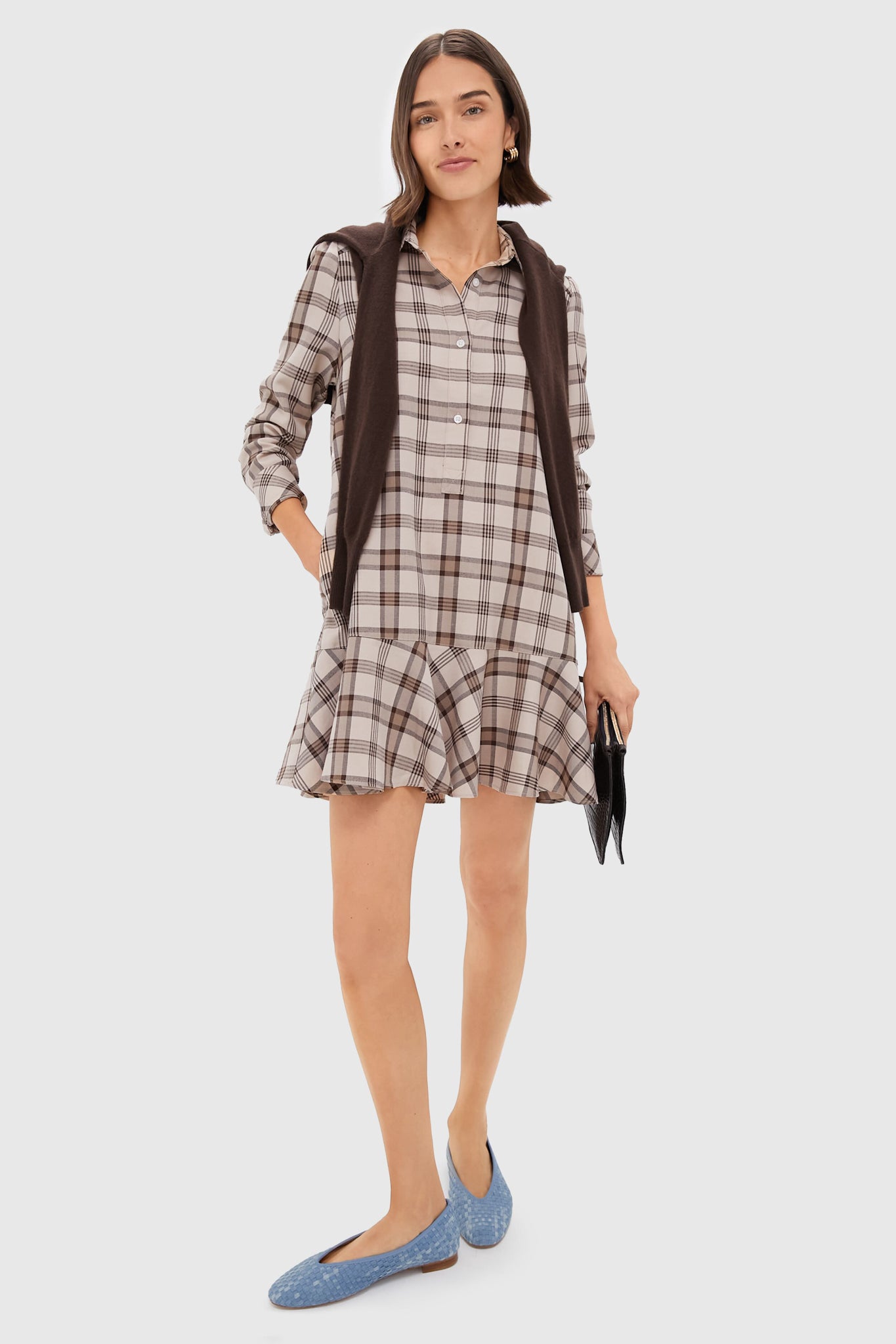 Brown Plaid Long Sleeve Shirt Dress