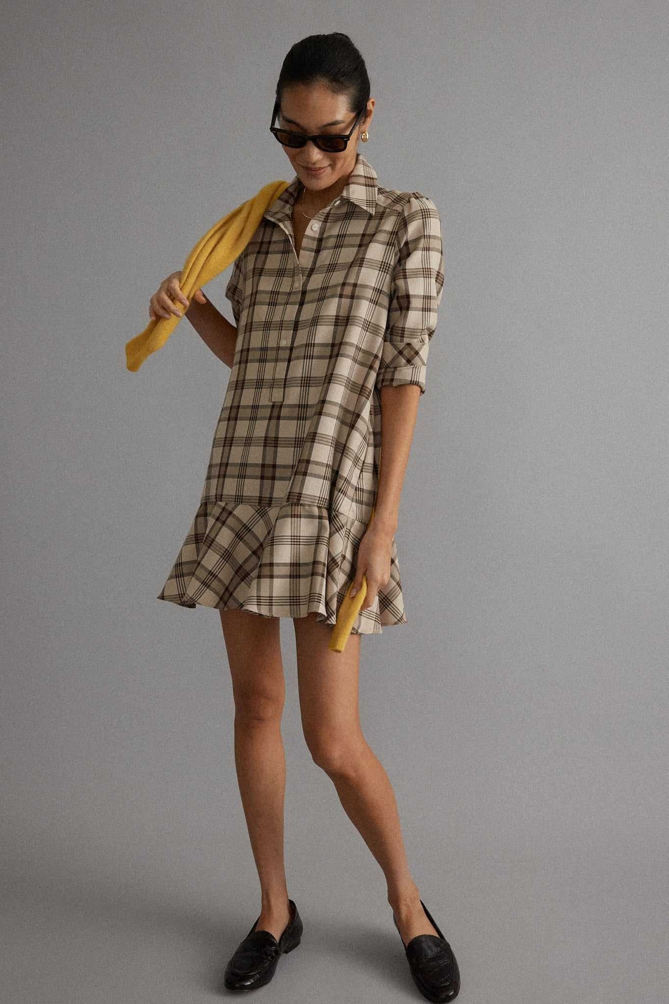 Brown Plaid Long Sleeve Shirt Dress