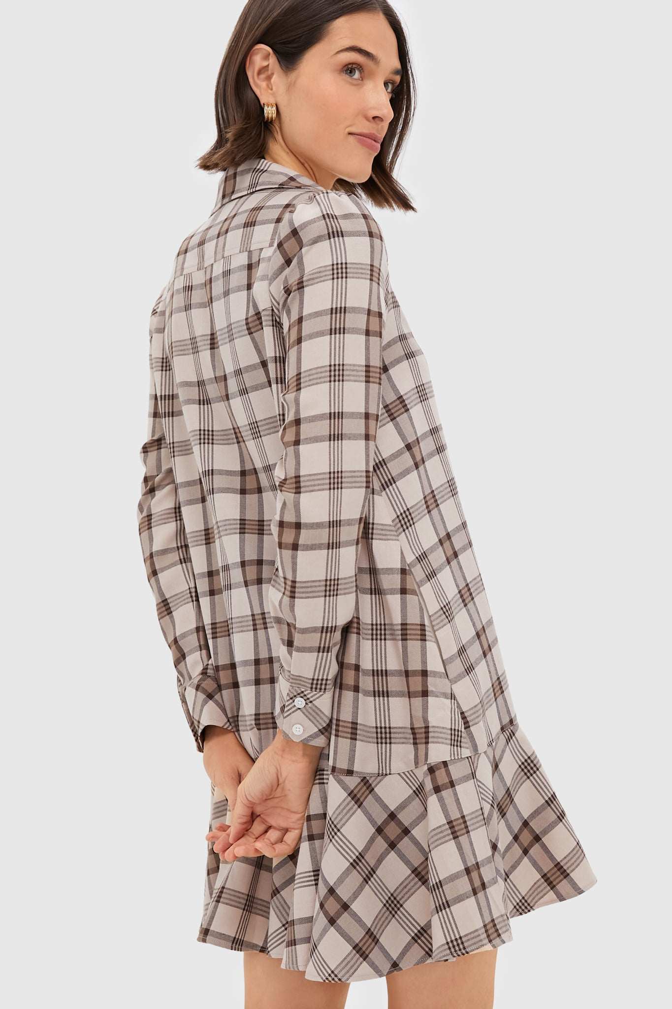 Brown Plaid Long Sleeve Shirt Dress