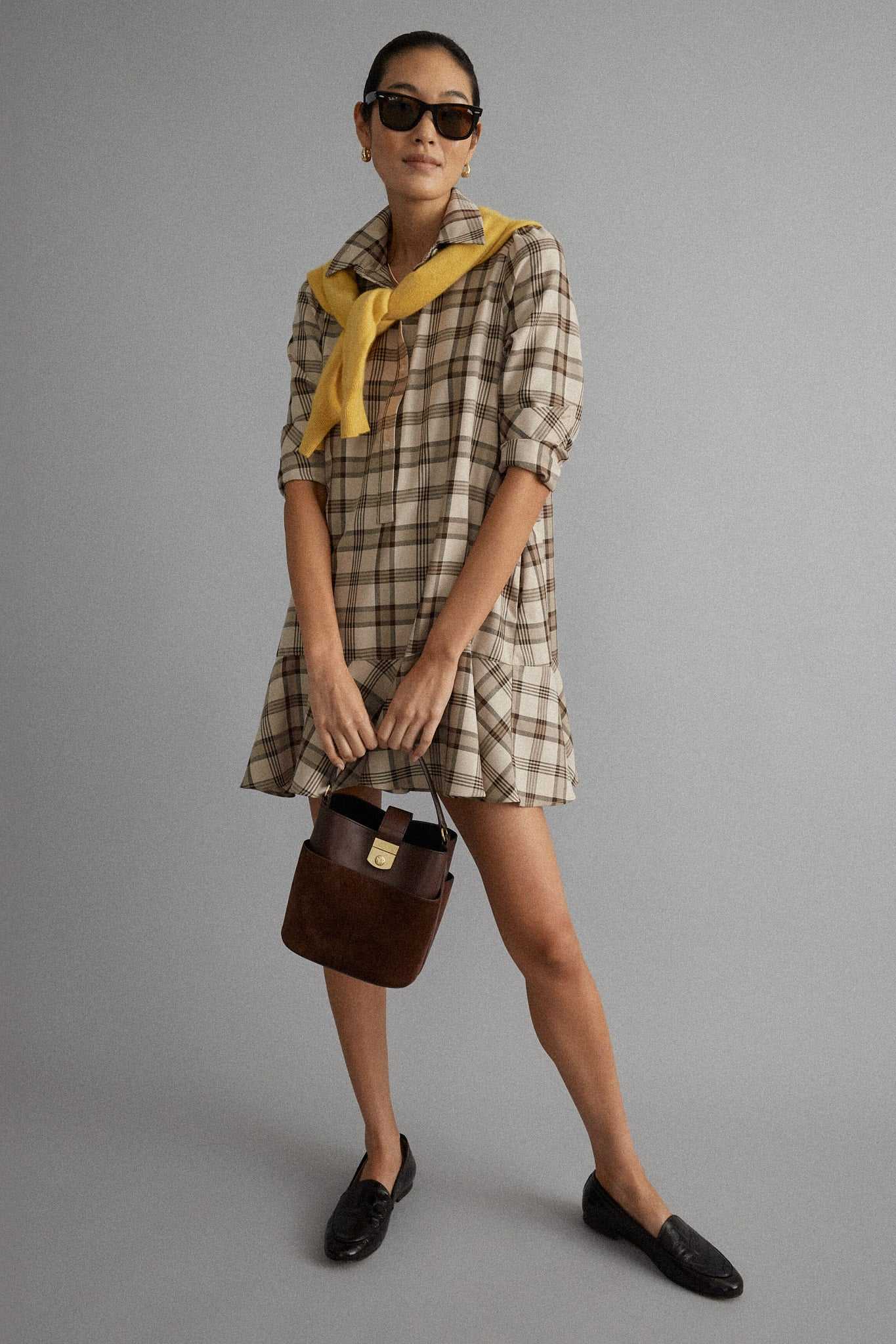 Brown Plaid Long Sleeve Shirt Dress