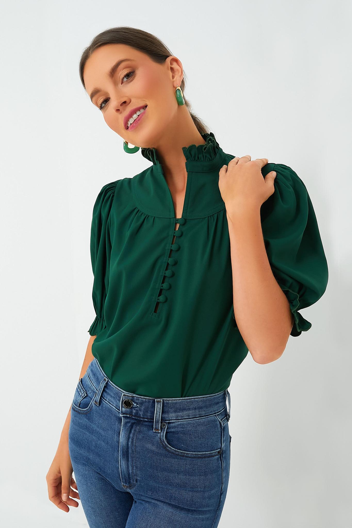 Dressy Mock Neck Button Ruffle Puff Sleeve Blouse