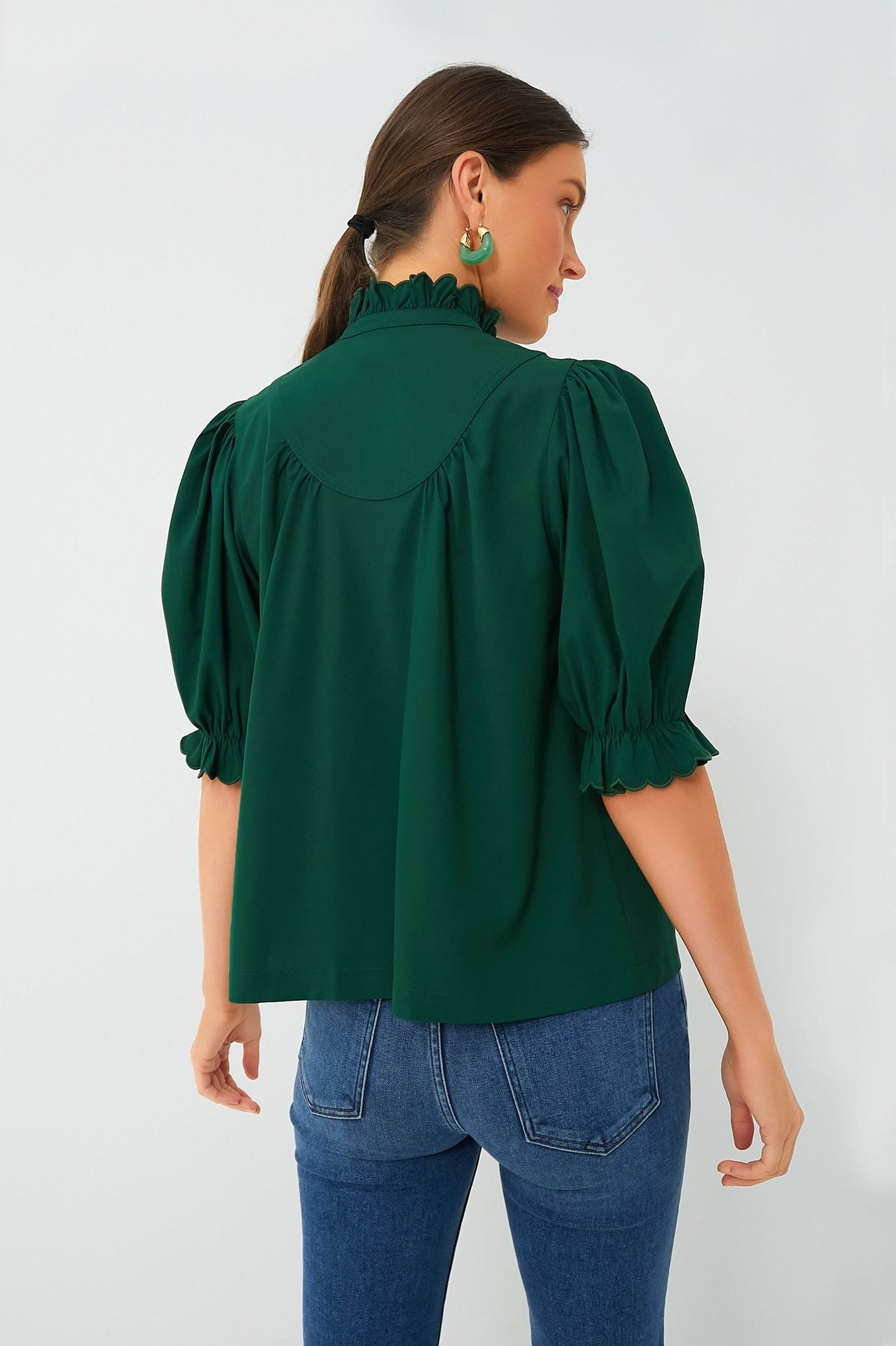 Dressy Mock Neck Button Ruffle Puff Sleeve Blouse