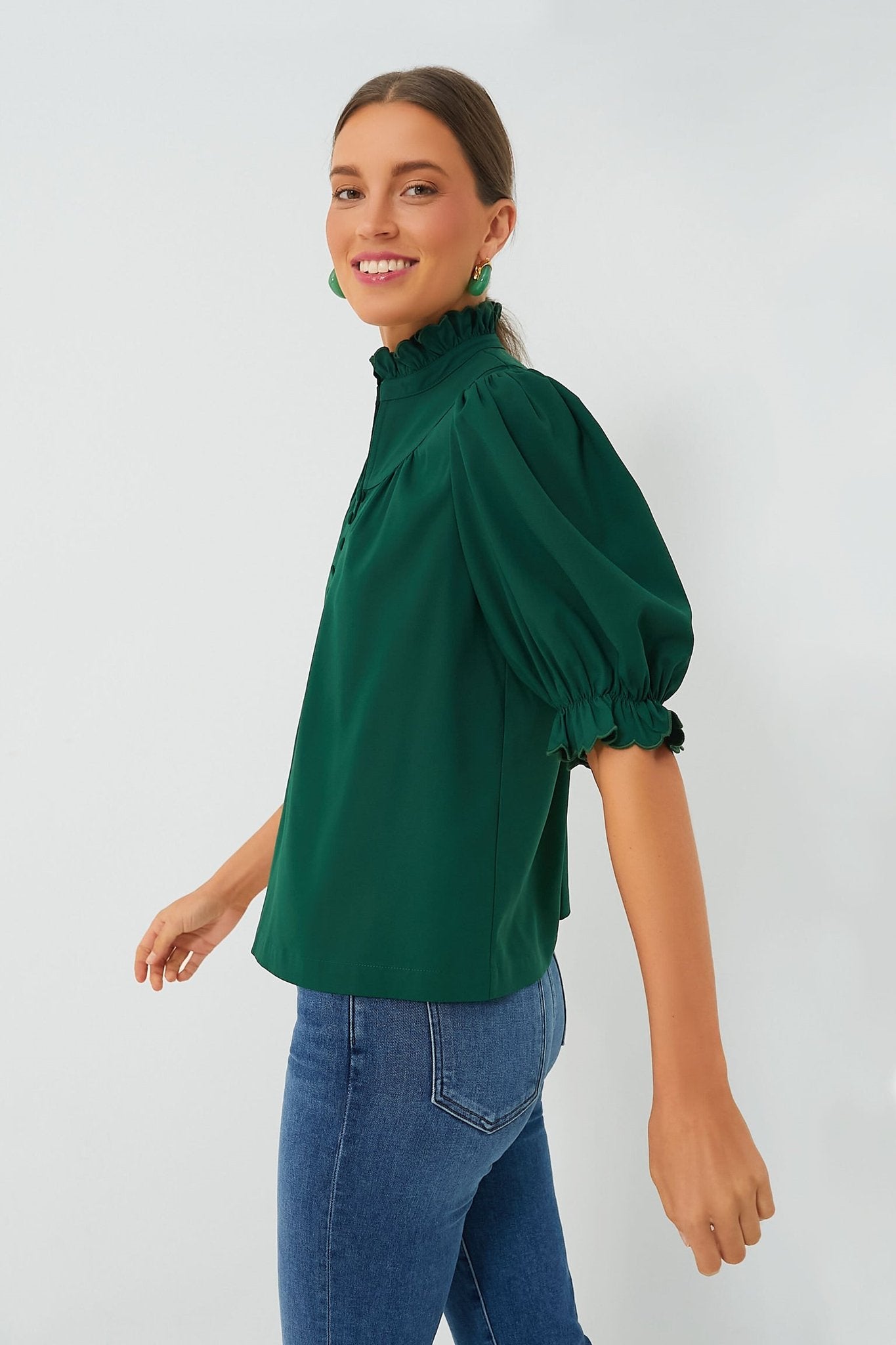 Dressy Mock Neck Button Ruffle Puff Sleeve Blouse