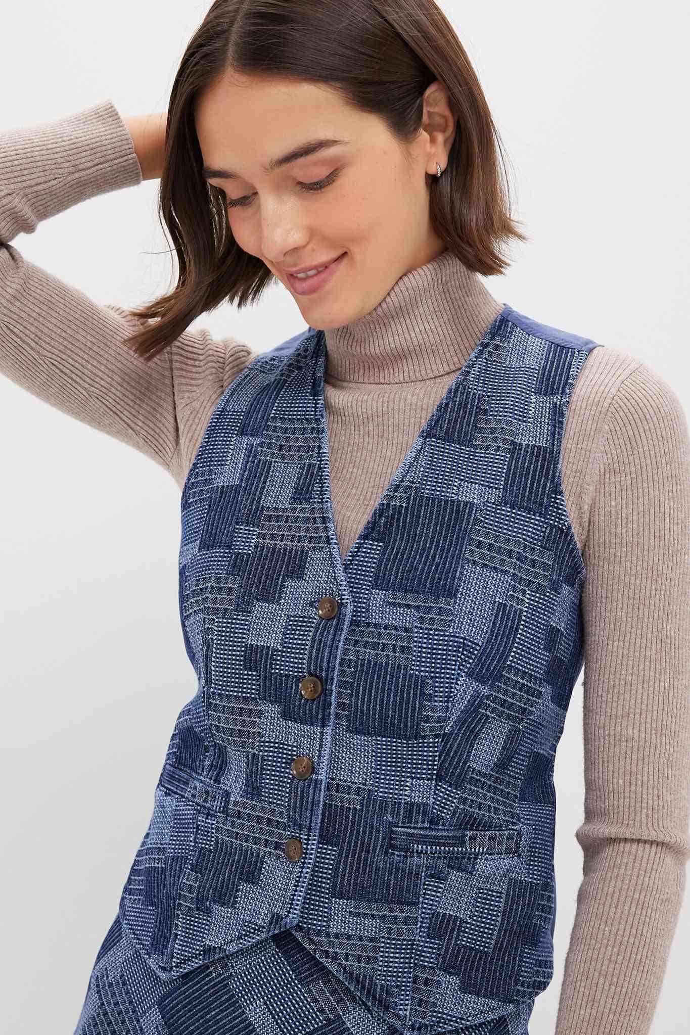 New Vintage Denim Patchwork Plaid Vest