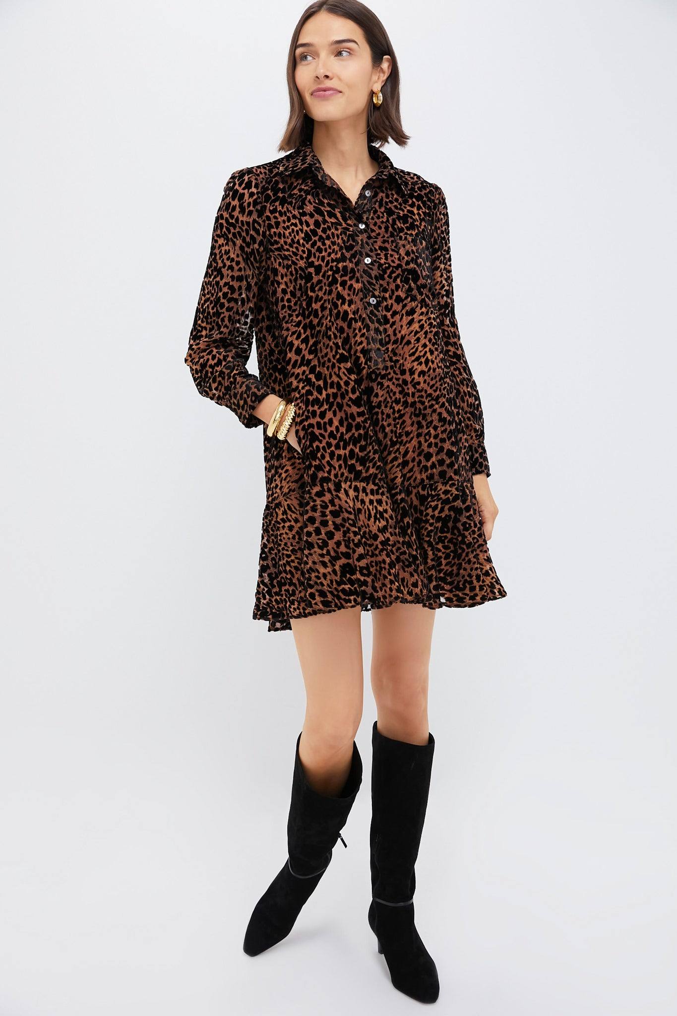 Brown Leopard Print Long Sleeve Shirt Dress