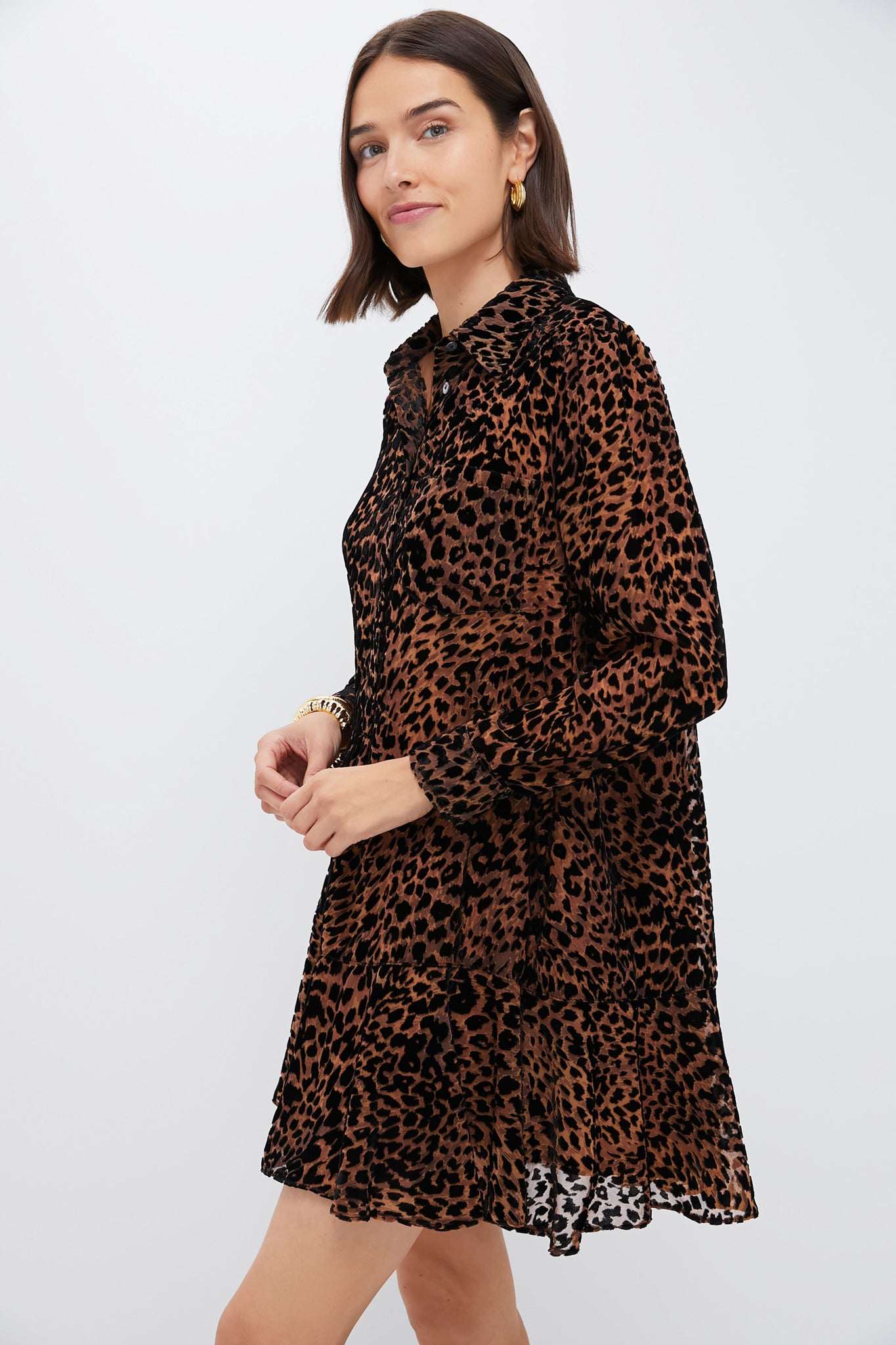 Brown Leopard Print Long Sleeve Shirt Dress