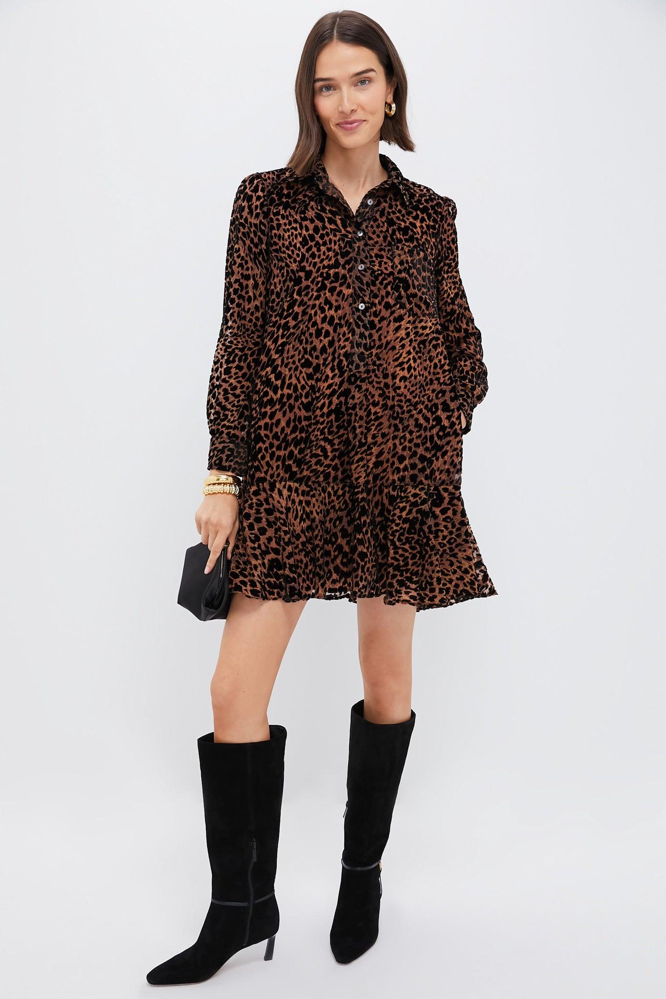 Brown Leopard Print Long Sleeve Shirt Dress